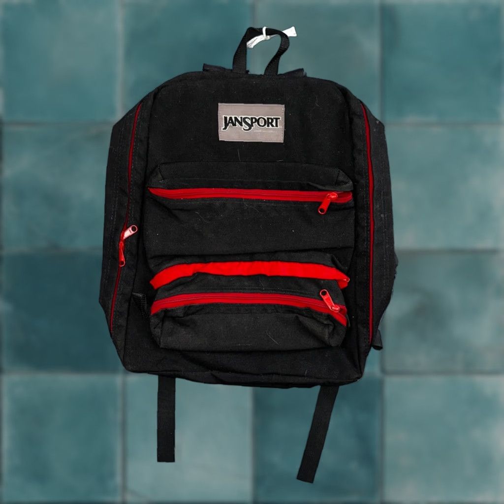 Jansport VTG Backpack Made in USA Black Red 90s 1990s Full Zip Around Nylon Mens Adult