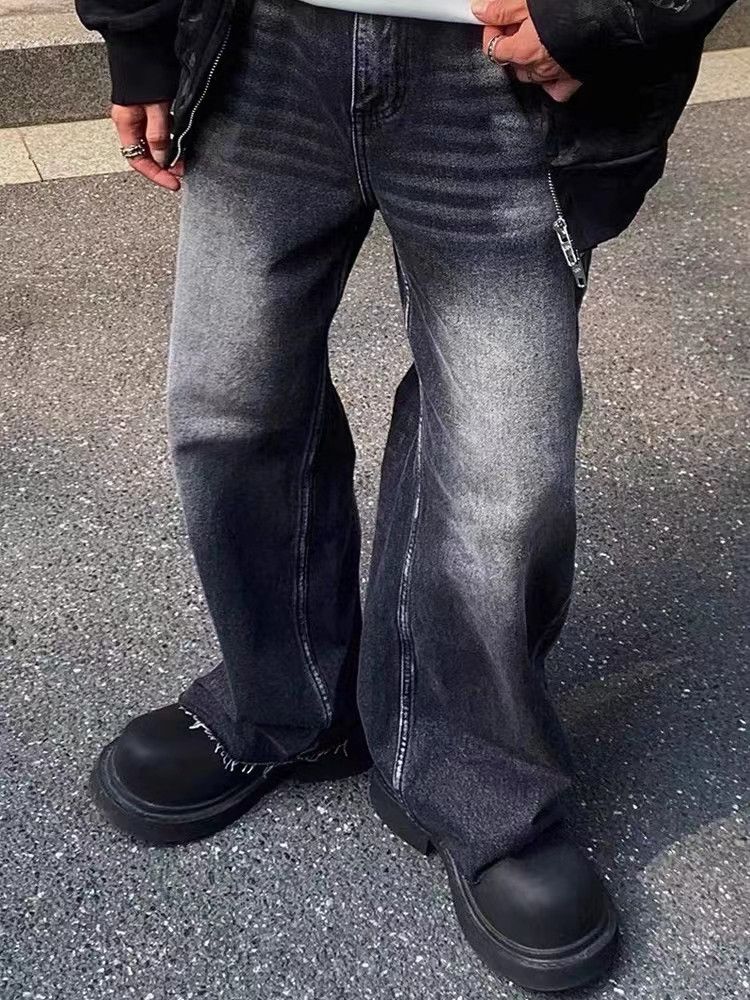 Vintage raw edge wide leg straight jeans trousers