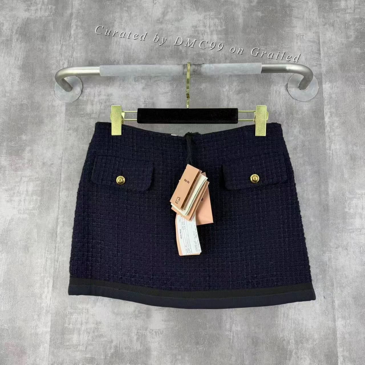 Miu Miu Miumiu Navy Gold-Button Wool Tweed Skirt Size 38" / US 16 / IT 52 - 1 Thumbnail
