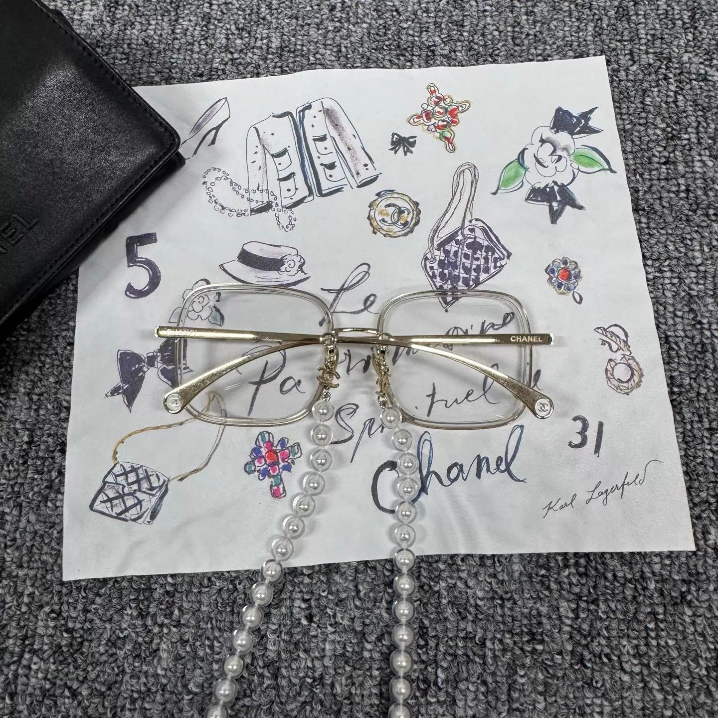 Chanel Chanel Square Optical Glasses Pearl Chain 99 New Case & Silk Size ONE SIZE - 3 Thumbnail