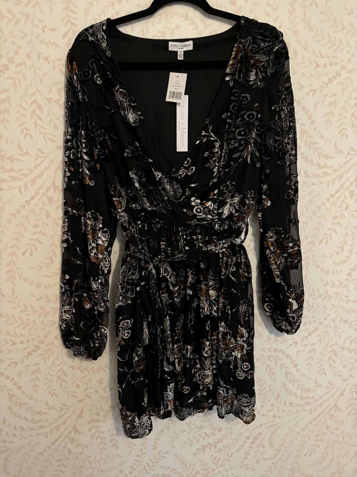Designer NWT Koko + Mason Black Floral Velvet Faux Wrap Dress M Size M / US 6-8 / IT 42-44 - 1 Thumbnail