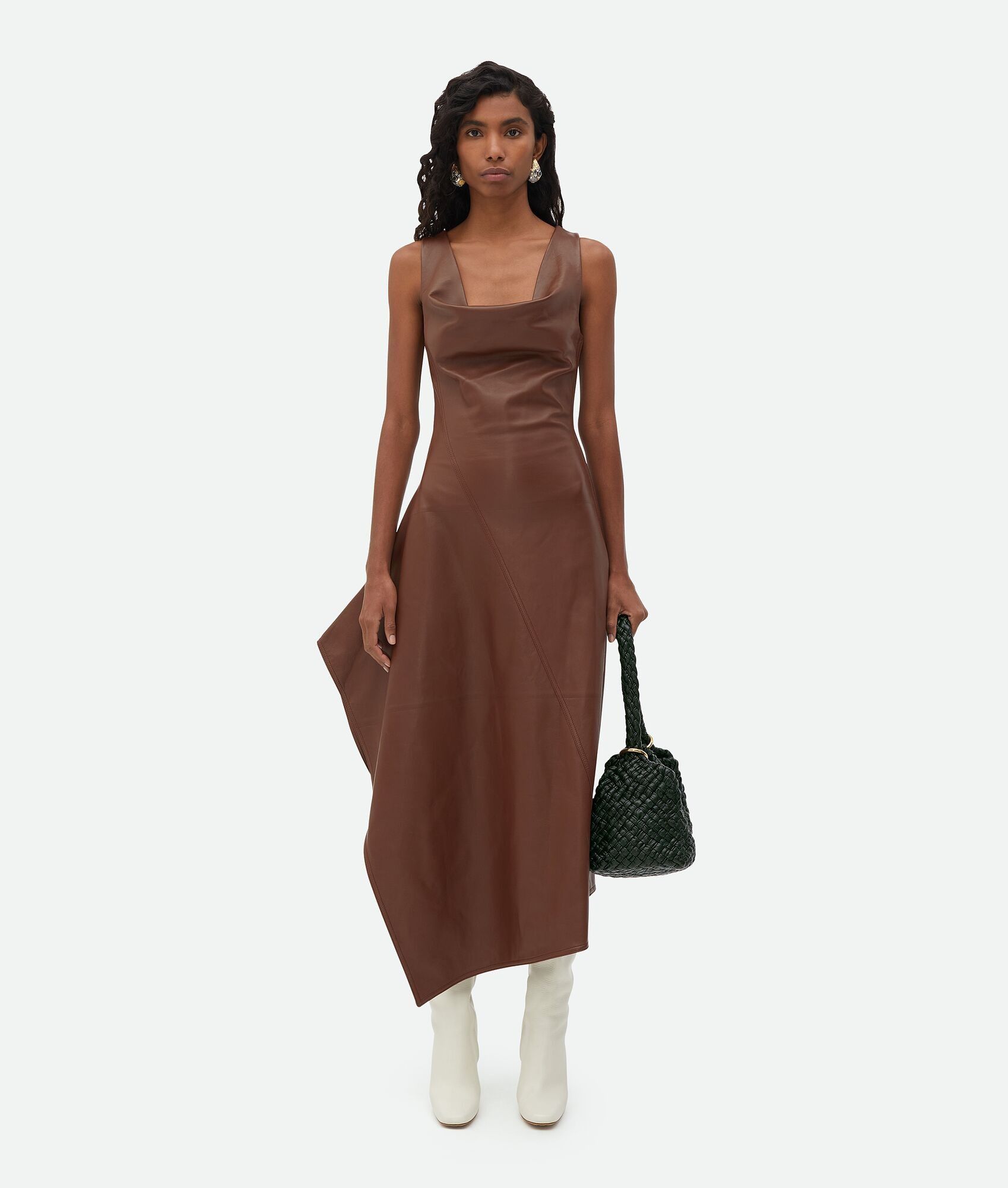 Bottega Veneta o1n1vont0325 Leather Asymmetric Midi Dress in Dark Cognac Size XXS / US 00 / IT 34 - 4 Thumbnail