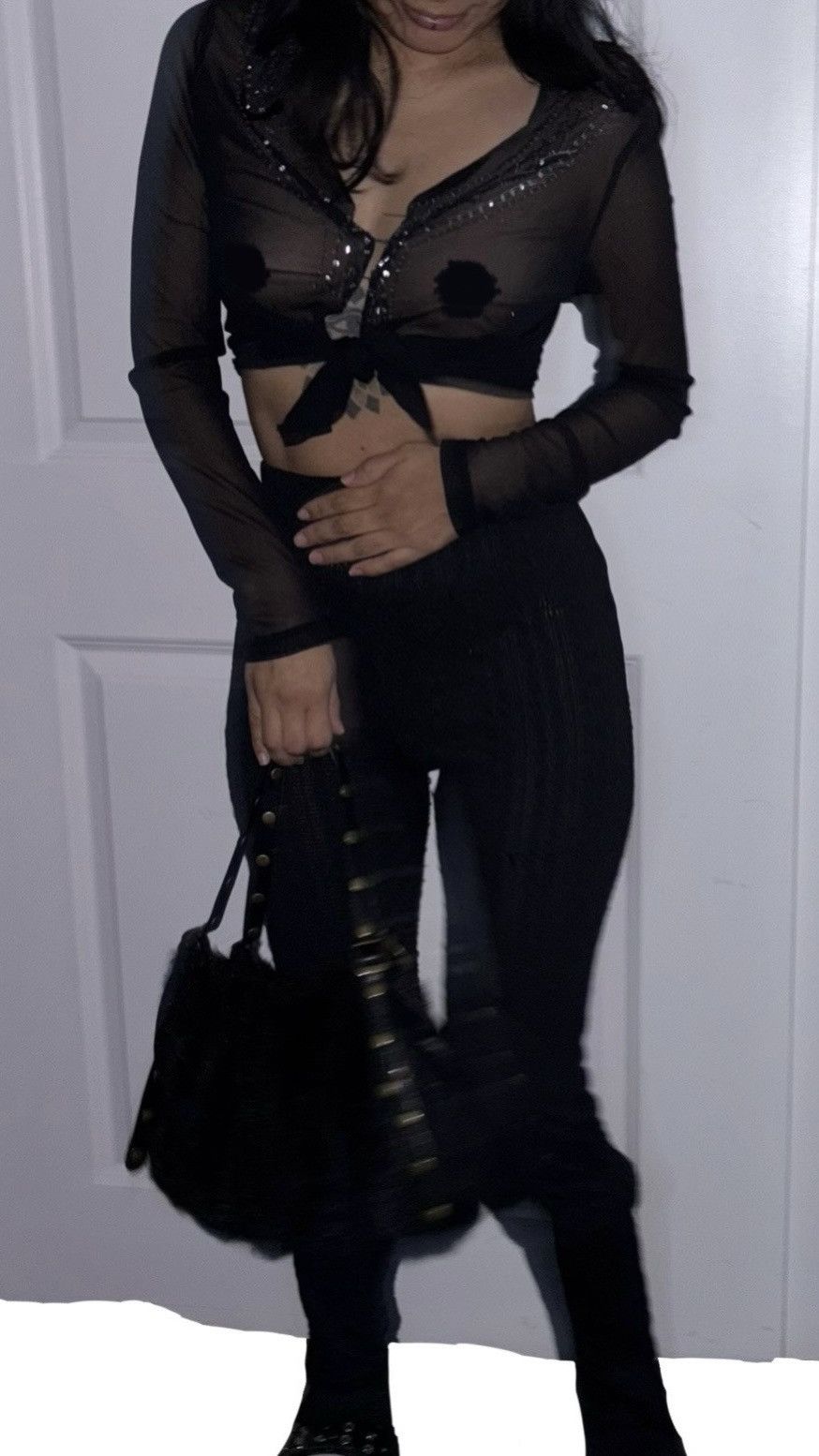 Designer × Vintage Womens Gothic Black Mesh Longsleeve Bedazzled Top Size Med Size M / US 6-8 / IT 42-44 - 8 Thumbnail