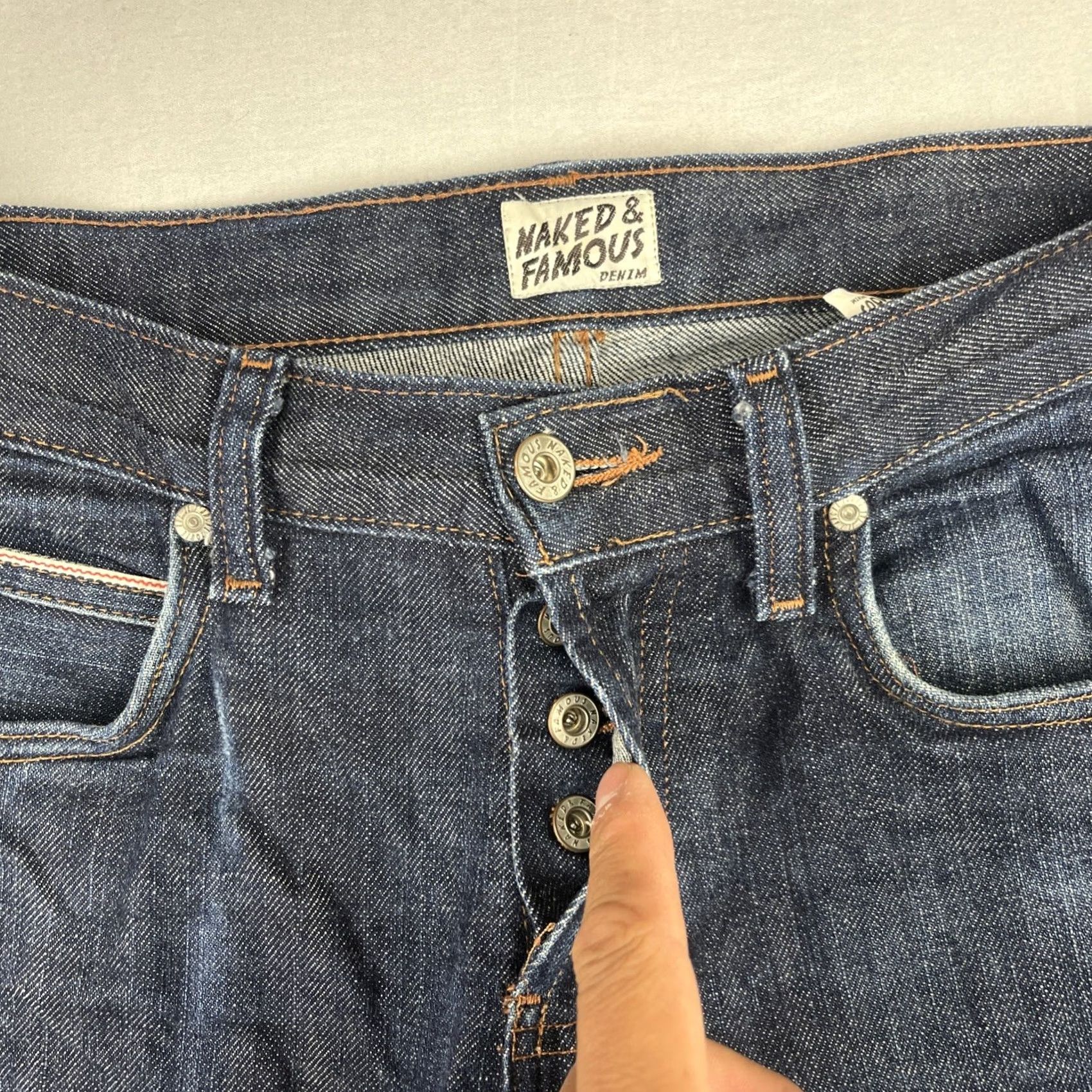 Vintage Naked & Famous Jeans Mens 30 Fits 29x34 Super Skinny Stretch Selvedge Indigo Denim Jeans Slim Men 5-Pocket Logo Button Size US 29 - 6 Thumbnail