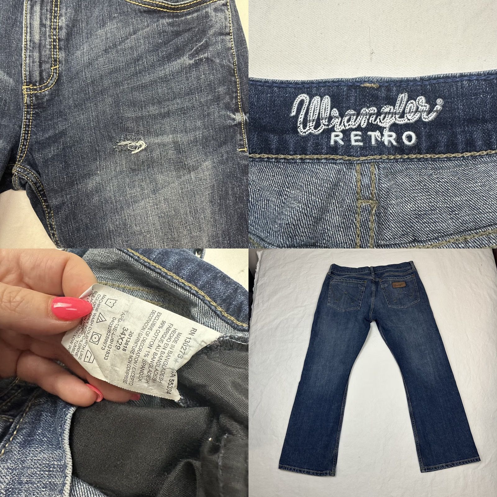 Wrangler Retro Jeans Mens 34x32 Blue Denim Bootcut Pants Cowboy