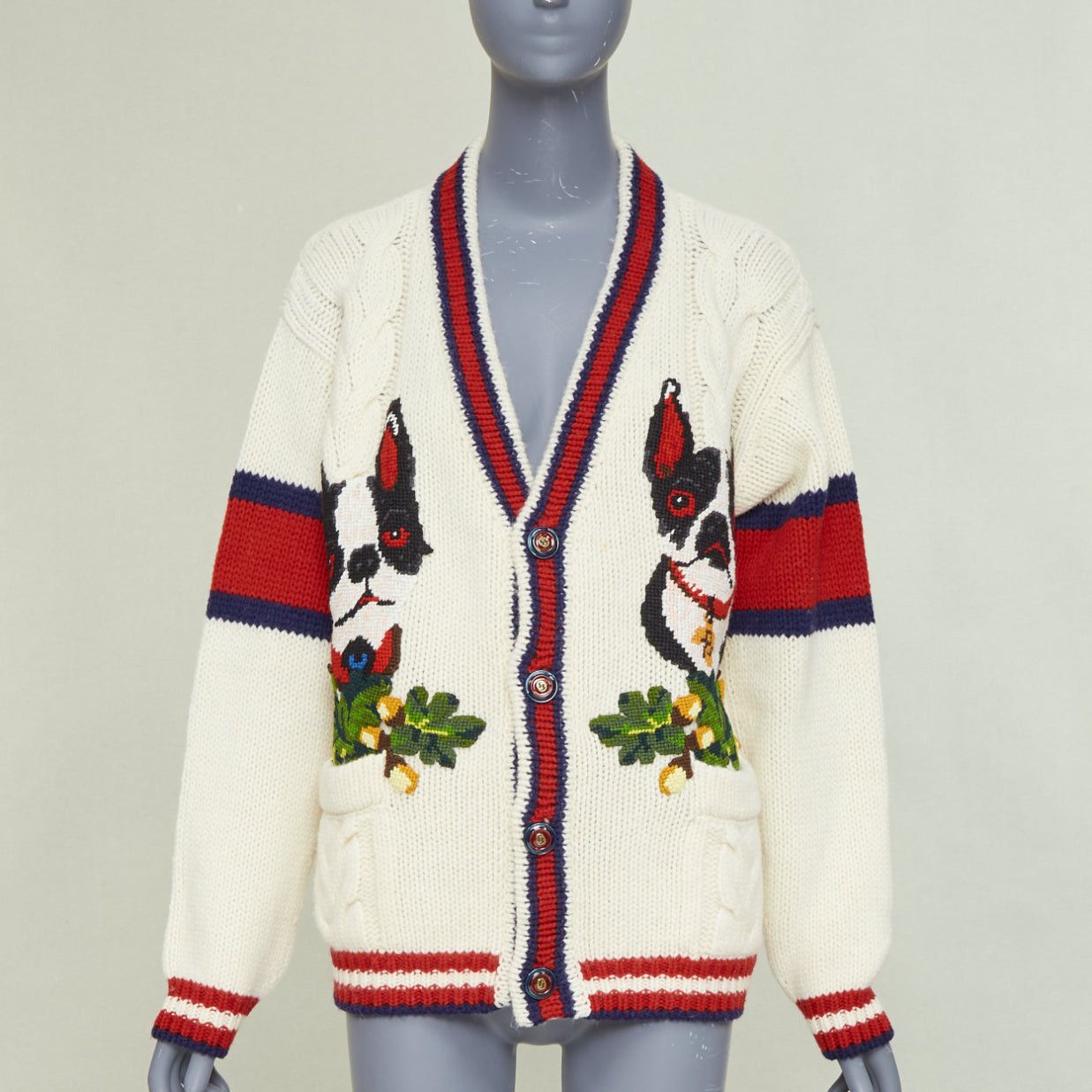 Gucci GUCCI 2018 Bosco Orso Year of Dog red cream wool needlepoint knit cardigan XXS Size XS / US 0-2 / IT 36-38 - 1 Thumbnail