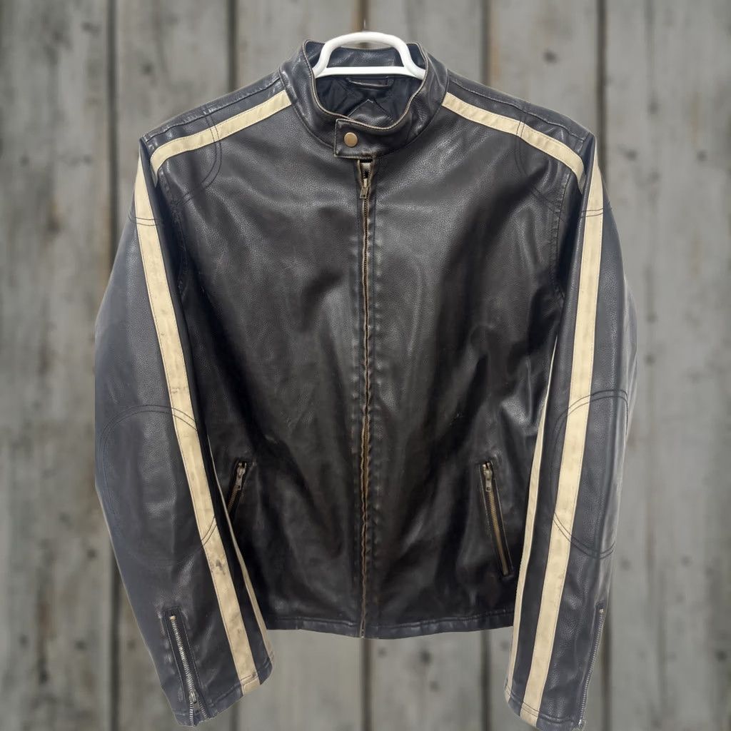 Burnside VINTAGE Burnside Leather Jacket Mens Large Black Faux Leather Racing Moto Bomber 90s Y2K Long Sleeve Zip Pockets Size US L / EU 52-54 / 3 - 1 Thumbnail