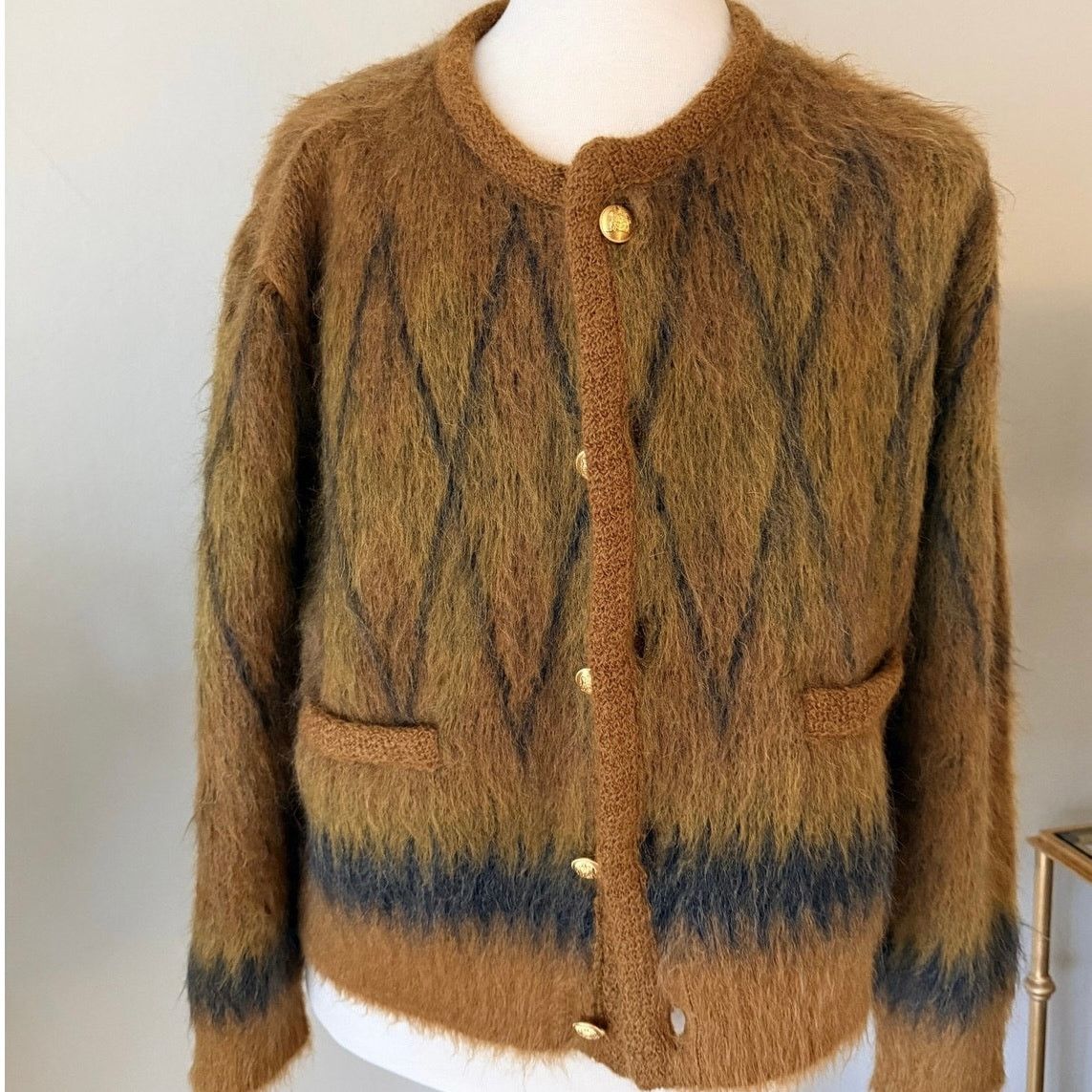 Celine Brushed Argyle Mohair Cardigan Sweater Size US L / EU 52-54 / 3 - 2 Thumbnail
