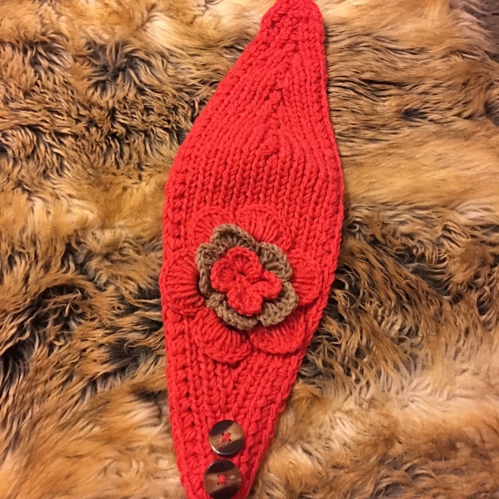 Handmade Knitted ear warmer head wrap orange and beige button close Size ONE SIZE - 2 Thumbnail