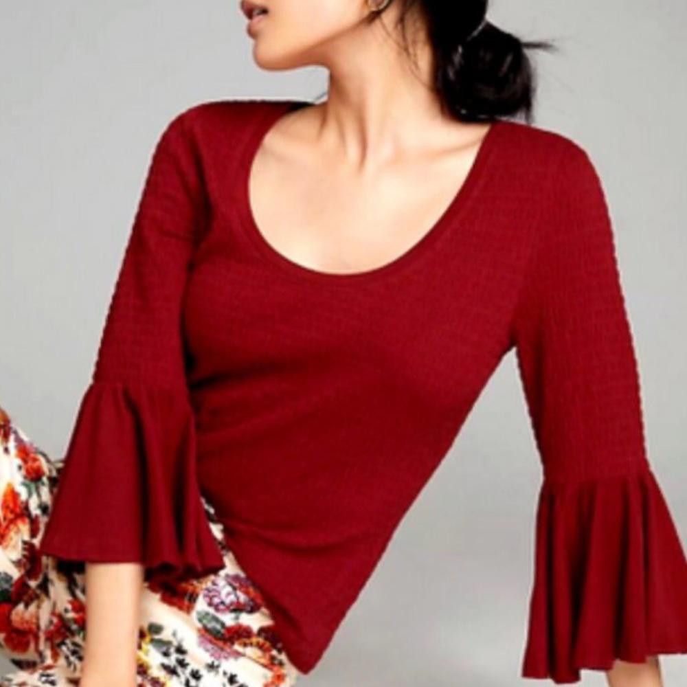 Designer Anthropologie Smocked Bell-Sleeve Top Shirt Wine Red Medium Size M / US 6-8 / IT 42-44 - 1 Thumbnail