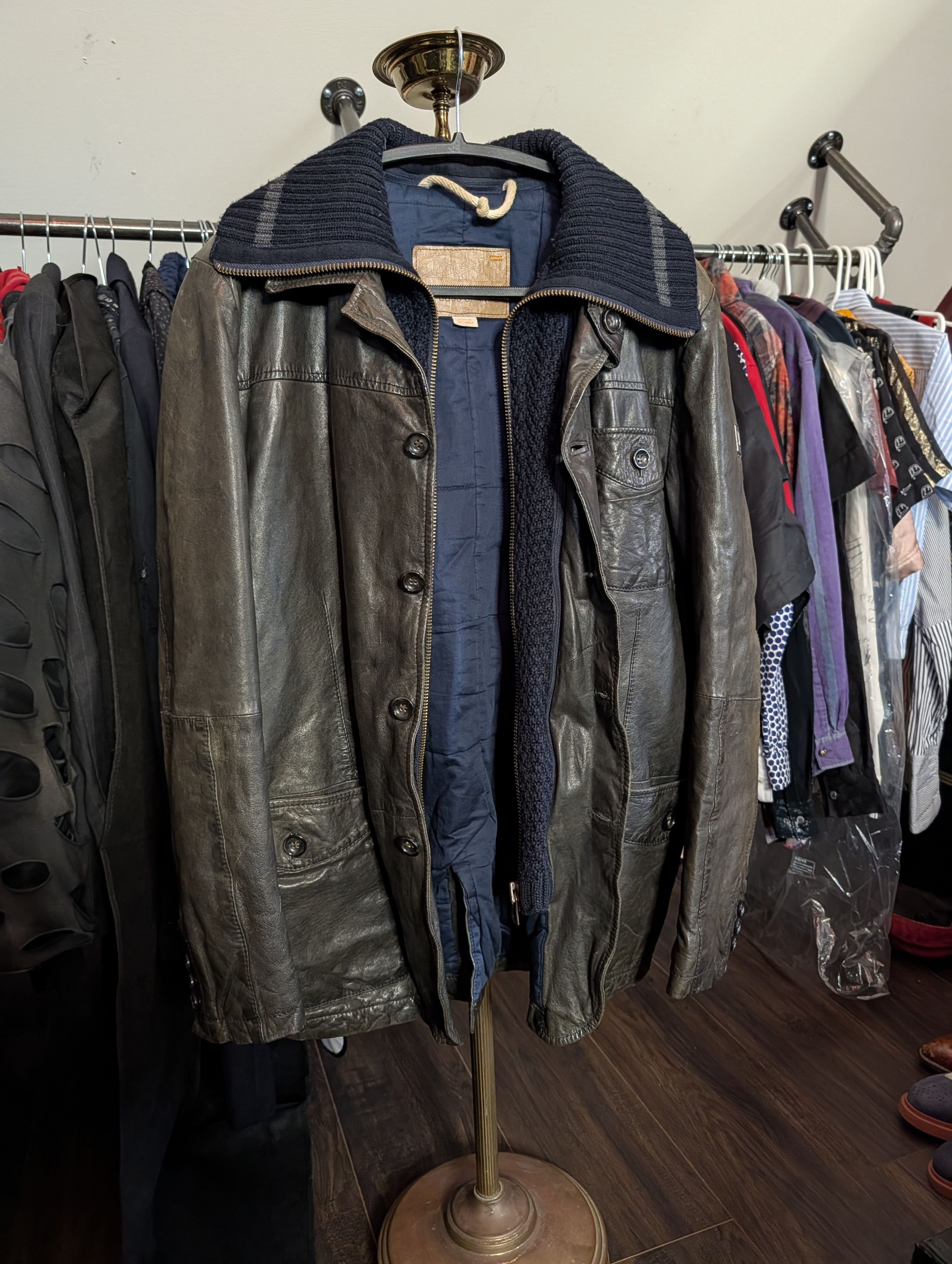 Hugo Boss Hybrid brown leather navy knit insert Thermore lined jacket Size US L / EU 52-54 / 3 - 15 Thumbnail