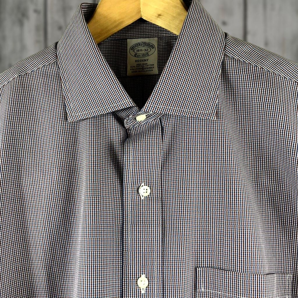 Brooks Brothers Shirt Mens 16.5-32 Regent Supima Stretch Red Check Non-Iron Dress Shirt Dark Red Regular