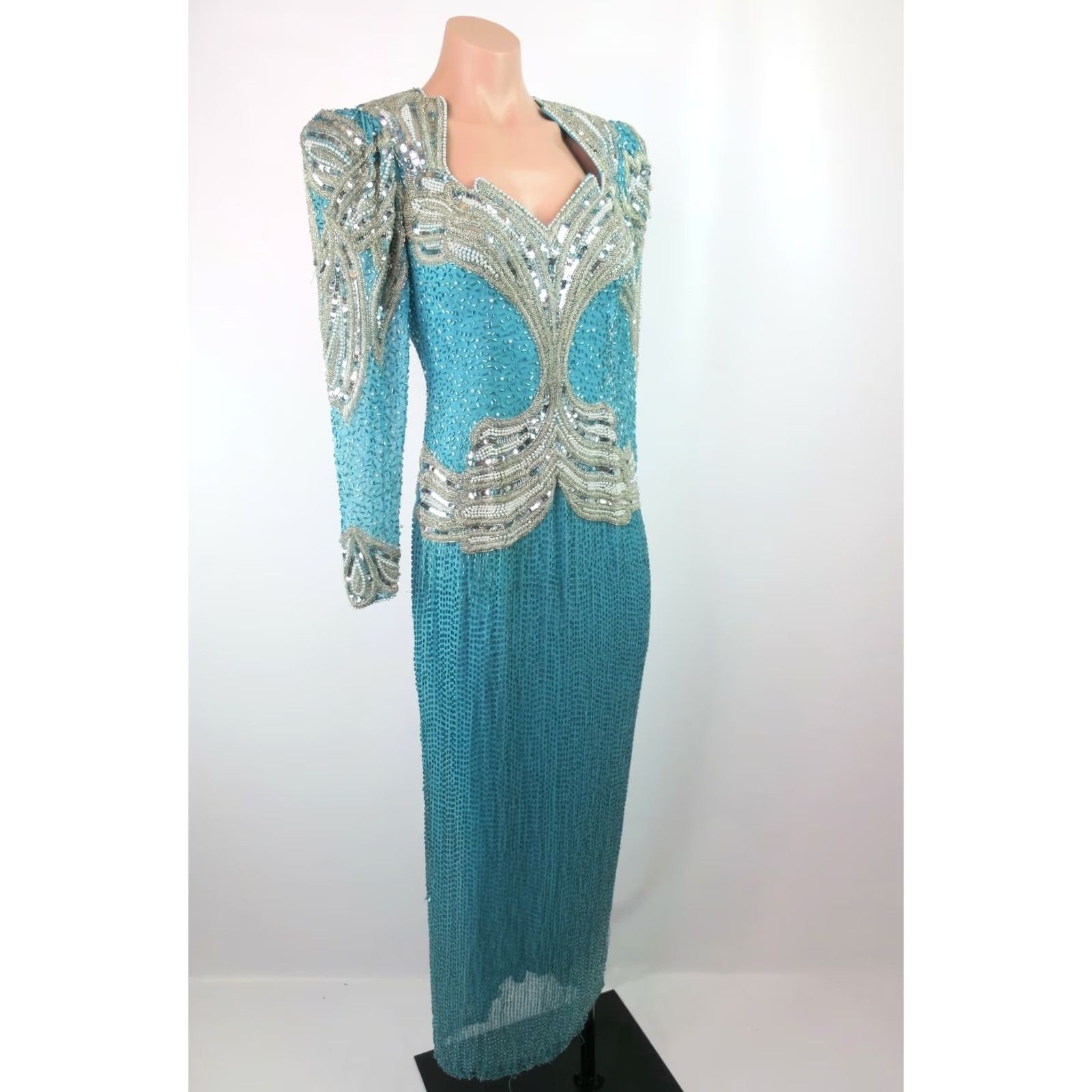 Oleg Cassini VTG Oleg Cassini Silk Beaded Backless Dress Formalwear Wedding Black Tie Sz 4 Blue 1980s Womens Dress Size S / US 4 / IT 40 - 4 Thumbnail