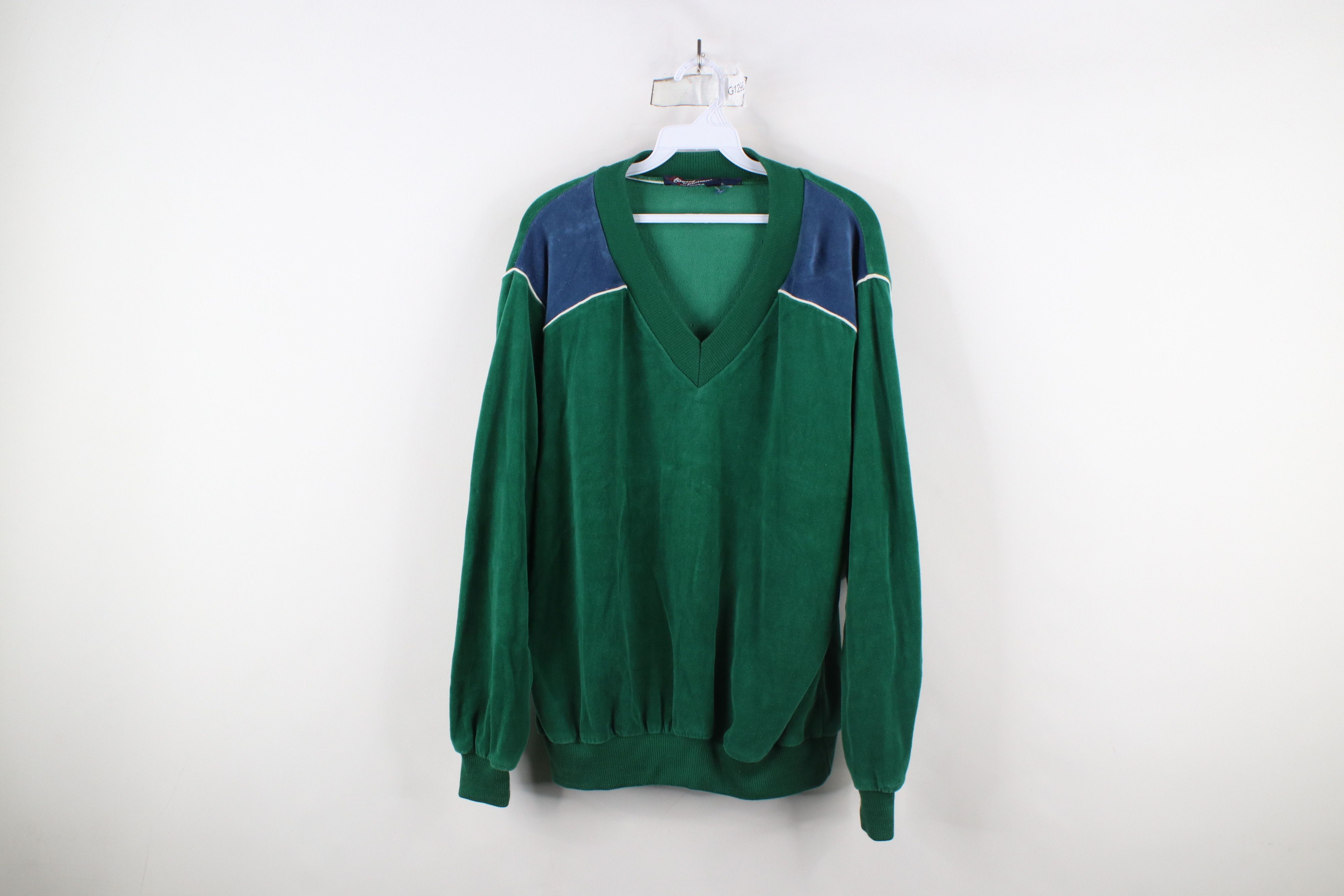Vintage Vintage 70s Streetwear Block Velour V-Neck Sweater Green Size US XL / EU 56 / 4 - 1 Thumbnail