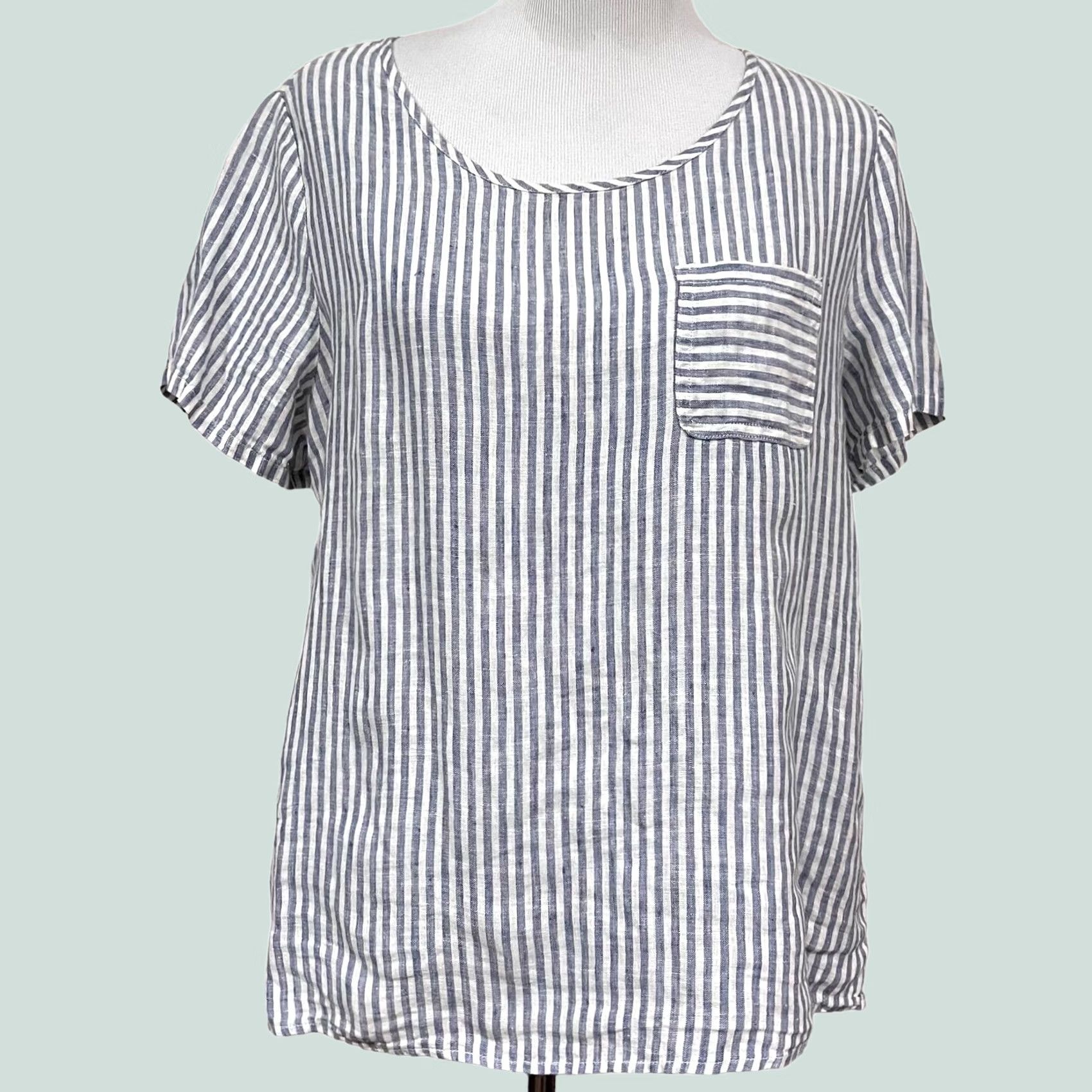 Christian Siriano Christian Siriano Blouse Shirt Womens M Blue Striped Linen Short Sleeve Pullover 100% Linen Size M / US 6-8 / IT 42-44 - 1 Thumbnail