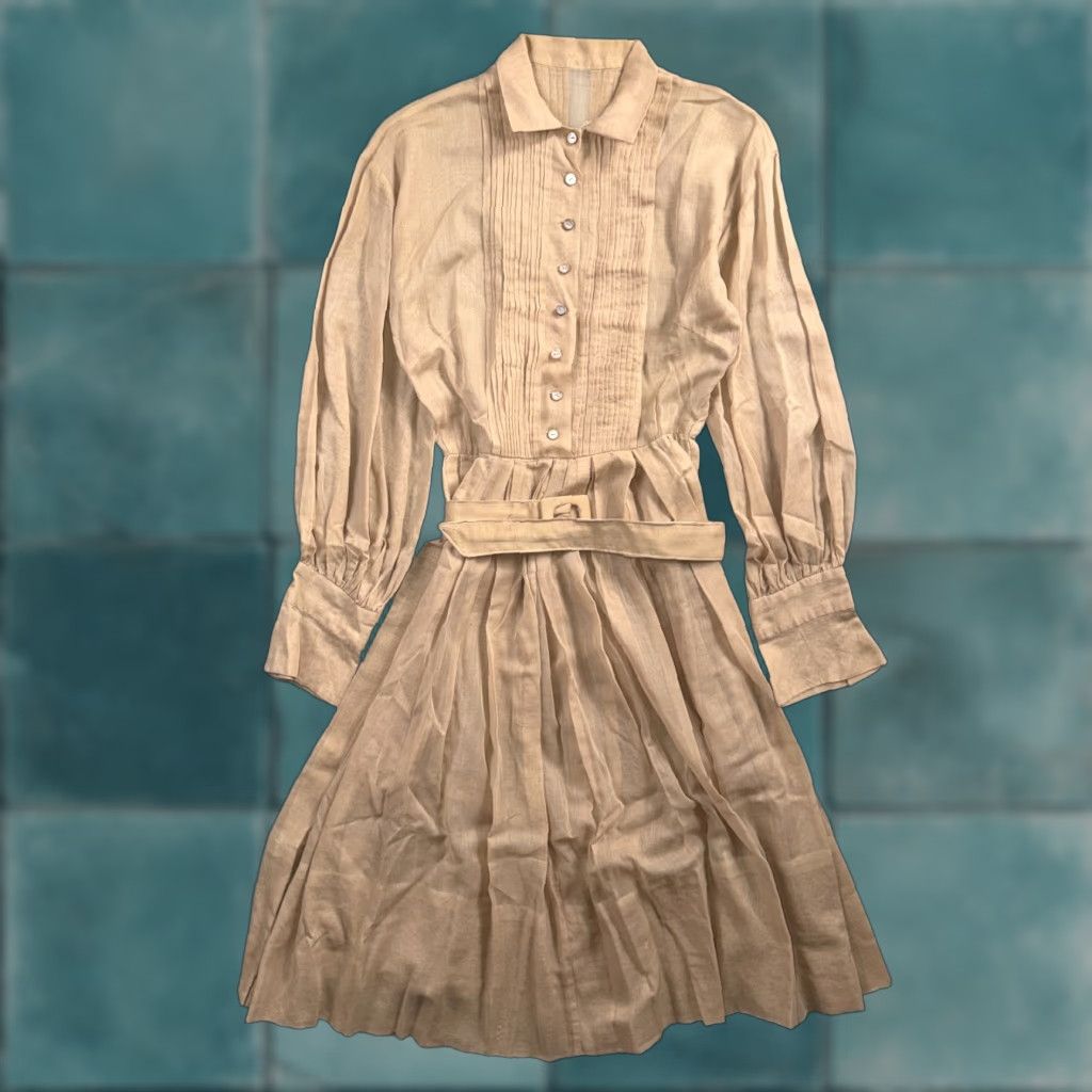 Vintage VINTAGE Shirtwaist Dress Beige BeIGe Long Sleeve Belted Pleated Prairie 1970s 70s S/M Womens Size S / US 4 / IT 40 - 1 Thumbnail