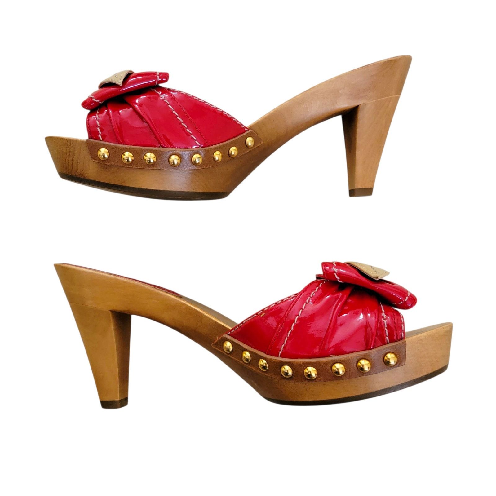 Miu Miu Vintage Platform Red Leather Bow Mules Slides Heels