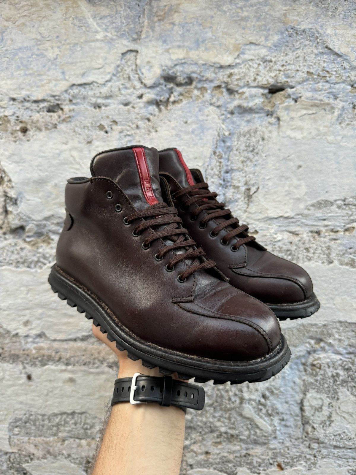 Prada × Vintage Prada Vintage Leather Brown Red Tab Boots size 39 Size US 8.5 / IT 38.5 - 2 Thumbnail