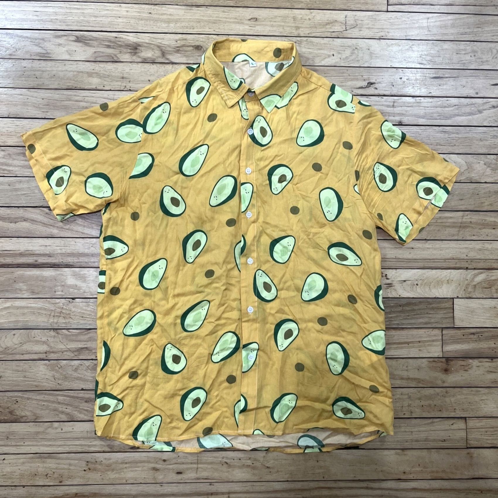 Vintage Men Avocado Print Button-Up Shirt L Yellow Green Lightweight Summer 46" Casual Travel, Short Sleeve, Collared, Rayon, Woven, Relaxed Mens Size US L / EU 52-54 / 3 - 2 Thumbnail