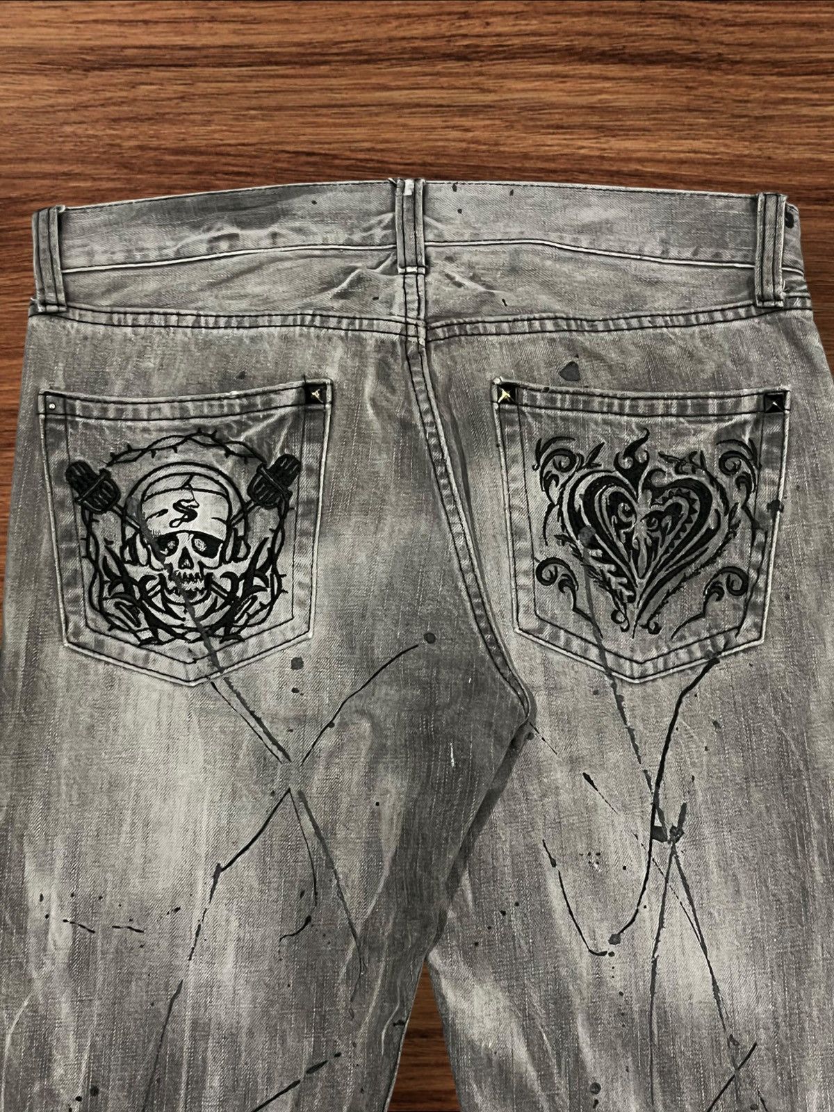 14th Addiction × Japanese Brand × KMRii Sorridere Love and Skull Painted Distressed Flare Jeans Size US 33 - 7 Thumbnail