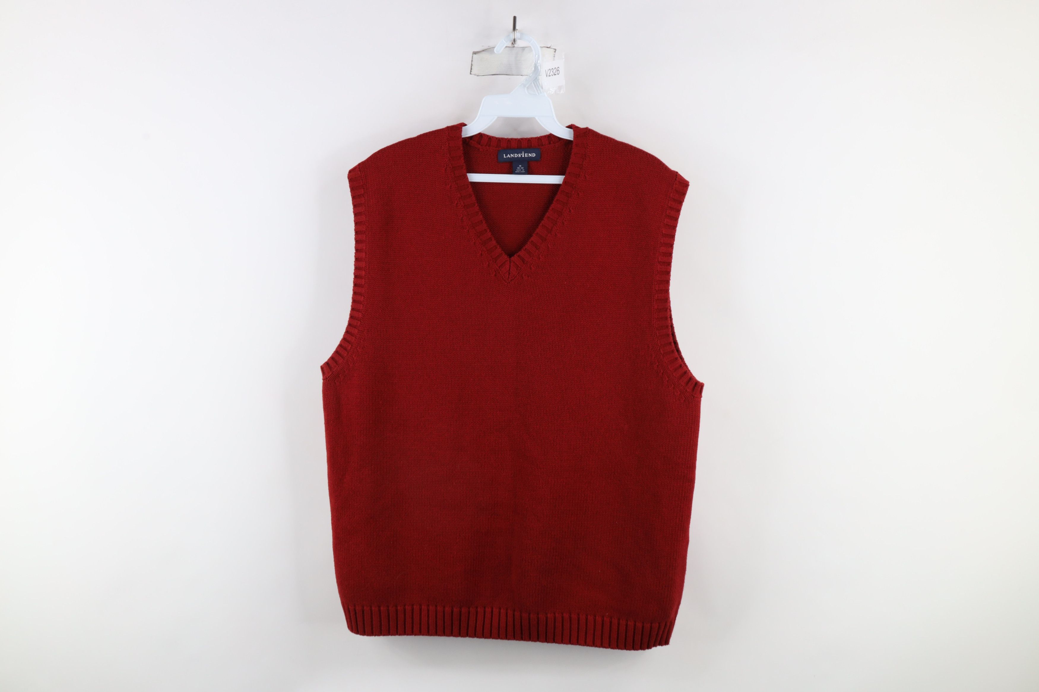 Lands' End × Vintage Vintage 90s Lands End Cotton Knit V-Neck Sweater Vest Red Size US M / EU 48-50 / 2 - 1 Thumbnail