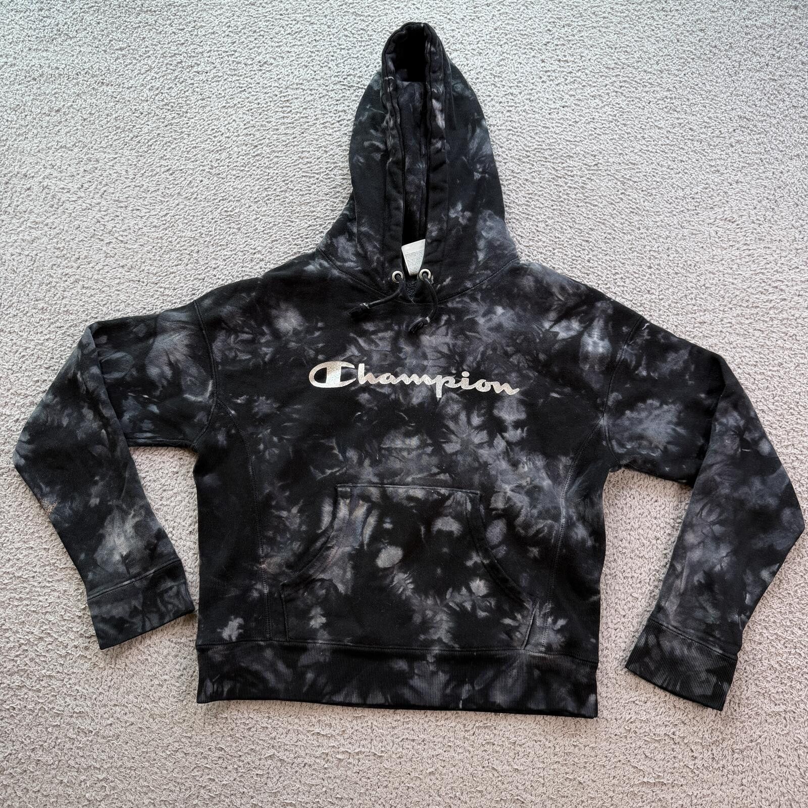 Champion Champion Women’s Black Tie Dye Cropped Hoodie Y2K Sweatshirt Size S / US 4 / IT 40 - 1 Thumbnail