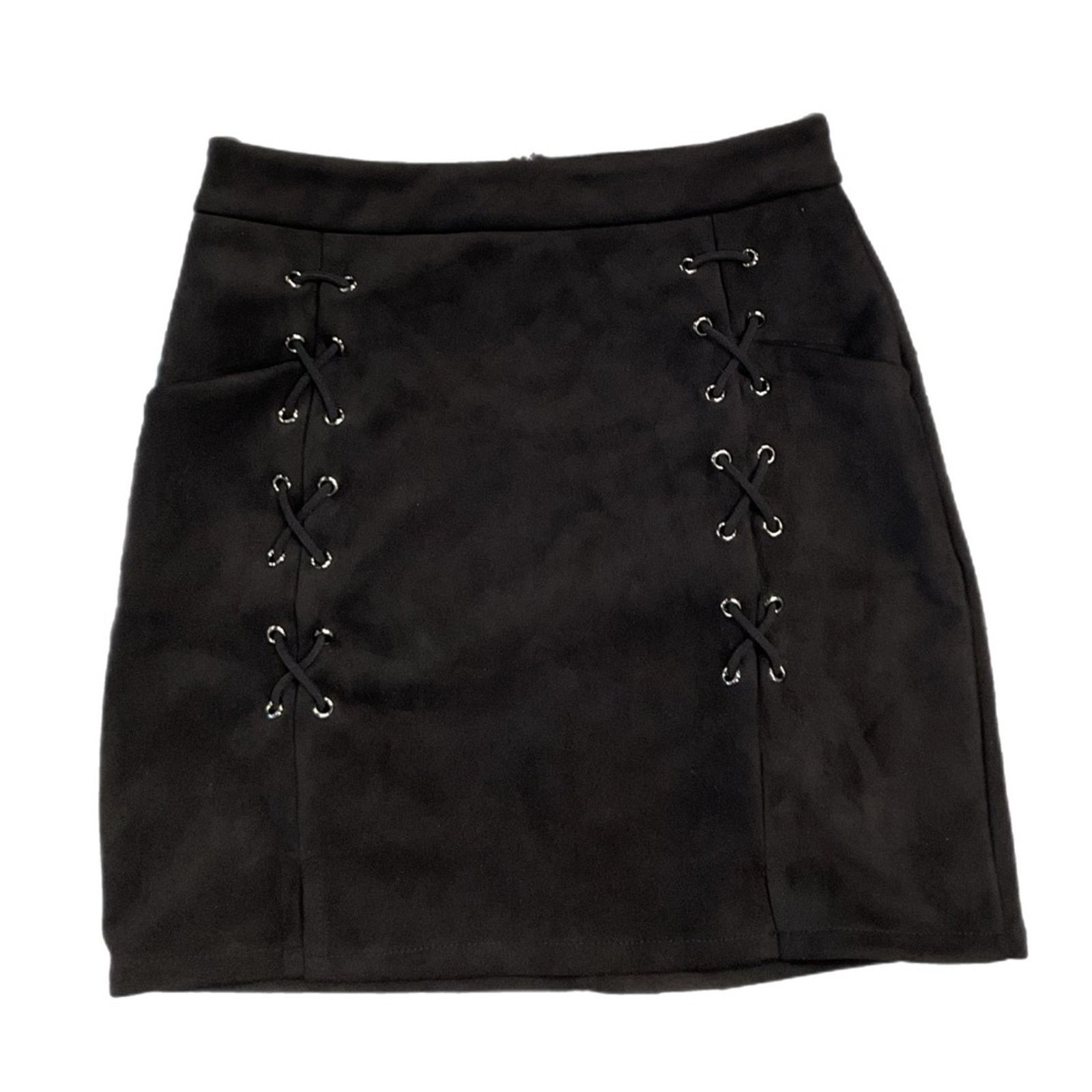Vintage Black Mini Skirt Faux Suede Lace Up Size 26" / US 2 / IT 38 - 1 Thumbnail