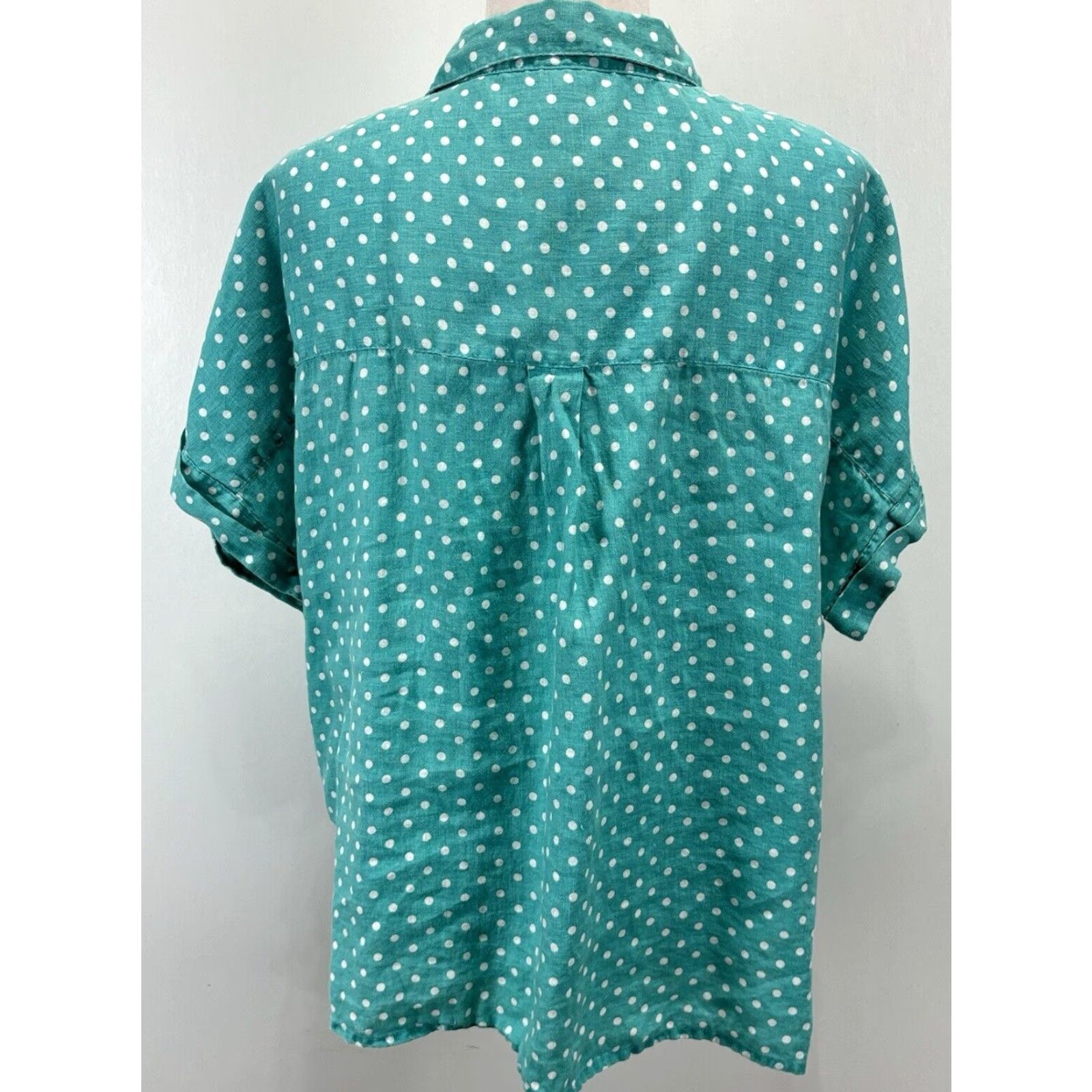 X-LARGE RACHEL Rachel Roy Women's Turquoise Linen Button-Up Shirt X-Large Polka Dot Short Sleeve Size XL / US 12-14 / IT 48-50 - 3 Thumbnail