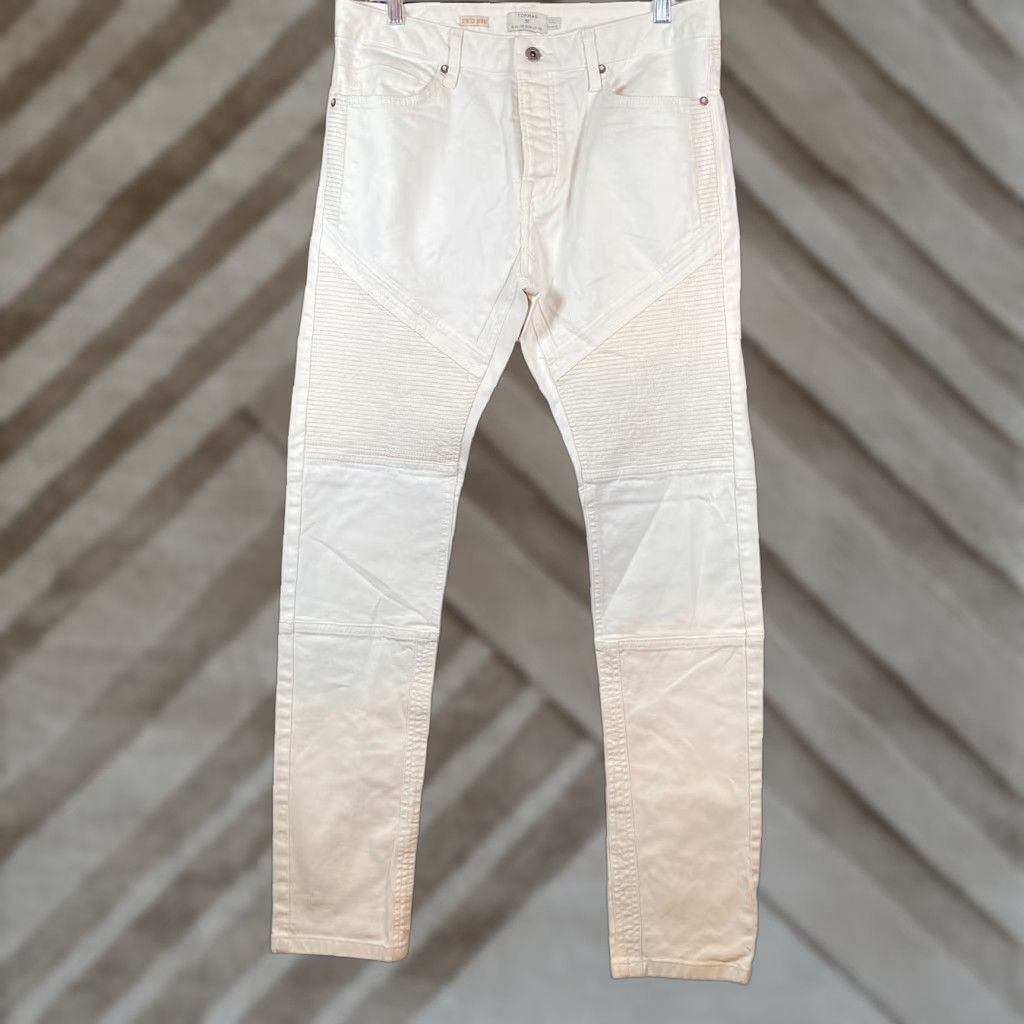 Topman Topman Jeans White Motto Distressed Skinny Cotton Blend Stretch 34x30 Slim 5-Pocket Mens Biker Style Moveable Zip Button Ankle Zip Size US 32 / EU 48 - 1 Thumbnail