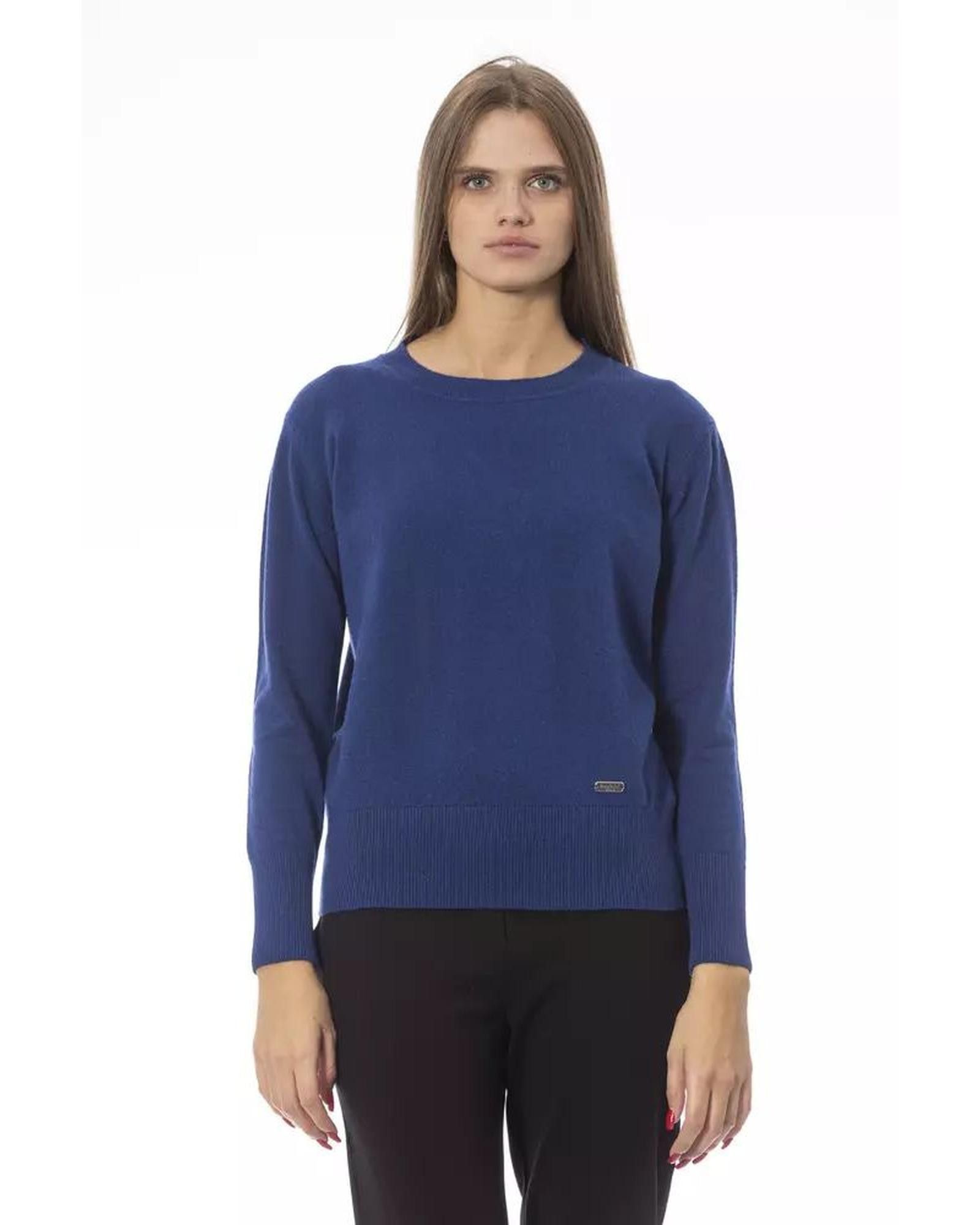 image of Baldinini Wool Crew Neck Sweater With Monogram Detailing in Blue, Women's (Size XL)