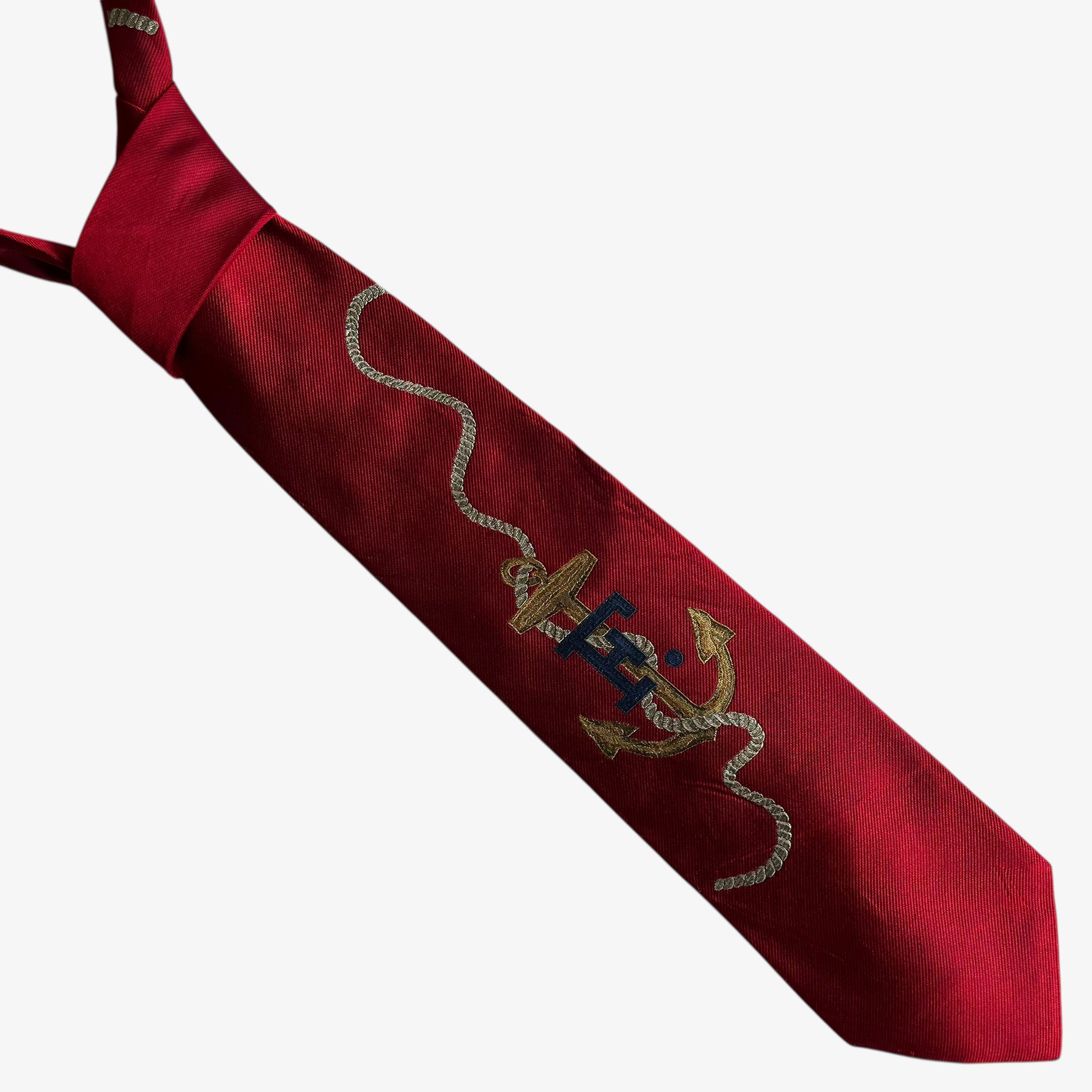 Vintage 90s Faconnable F Nautical Anchor Print Red Silk Tie