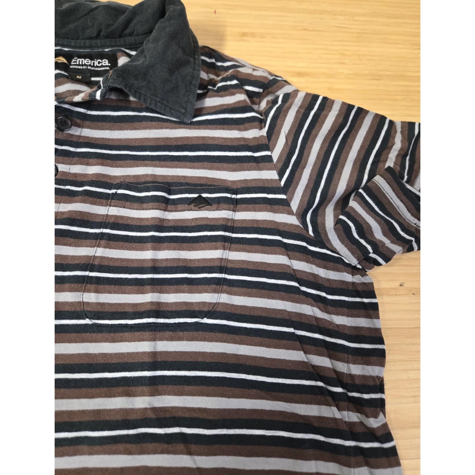 Emerica VINTAGE Emerica Polo Shirt Mens M Striped Black Brown Collared Pocket Skateboarding Size US M / EU 48-50 / 2 - 2 Thumbnail