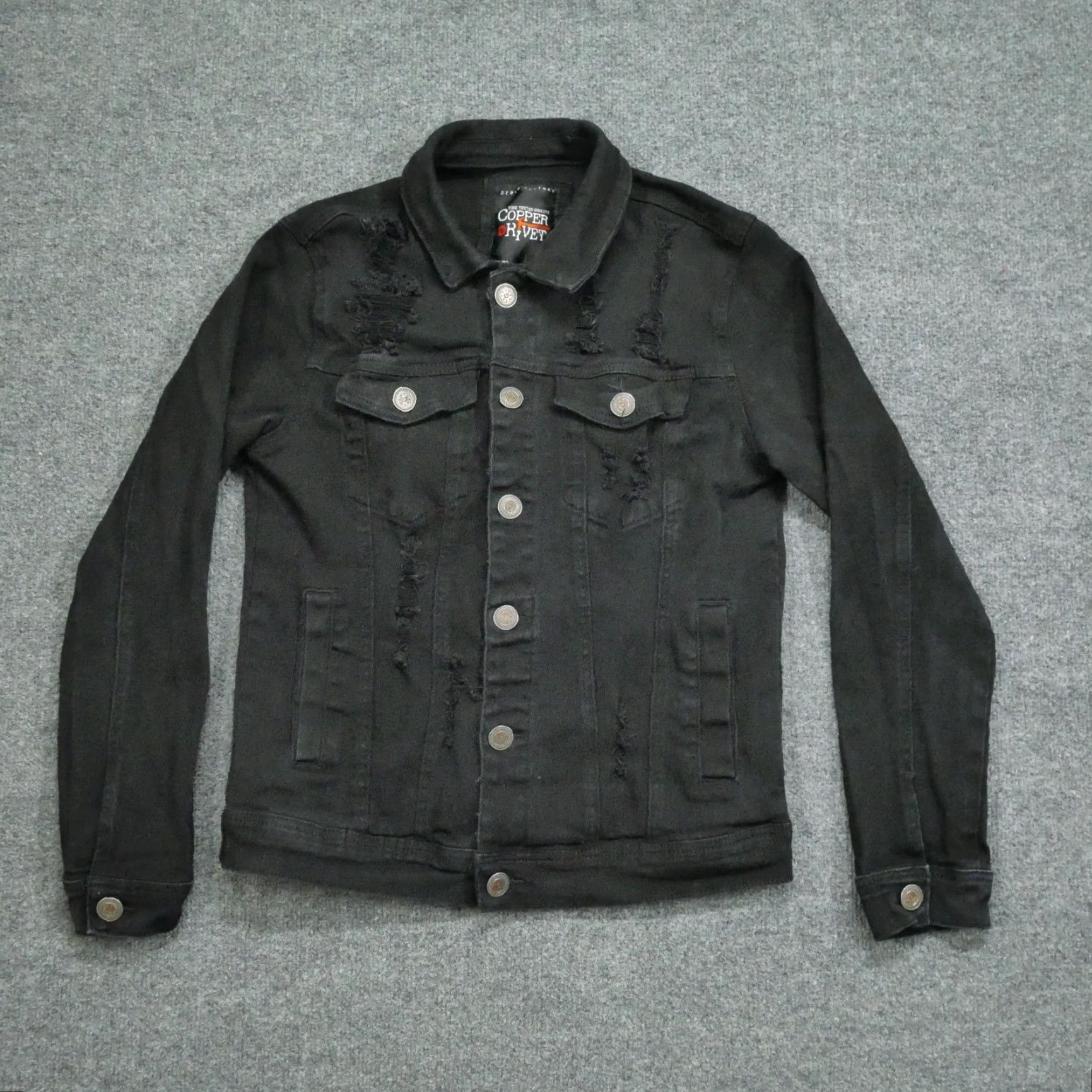 Vintage Copper Rivet Jacket Womens Small Black Distressed Grunge Punk Trucker Denim Jean Size 28" / US 6 / IT 42 - 2 Thumbnail