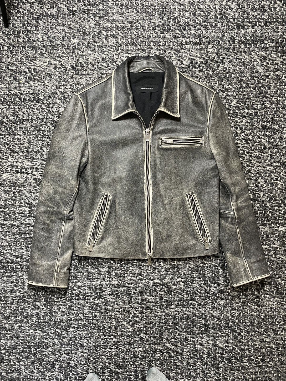 image of Avant Garde Pearled Ivory Distressed Leather Jacket in Grey, Men's (Size Small)