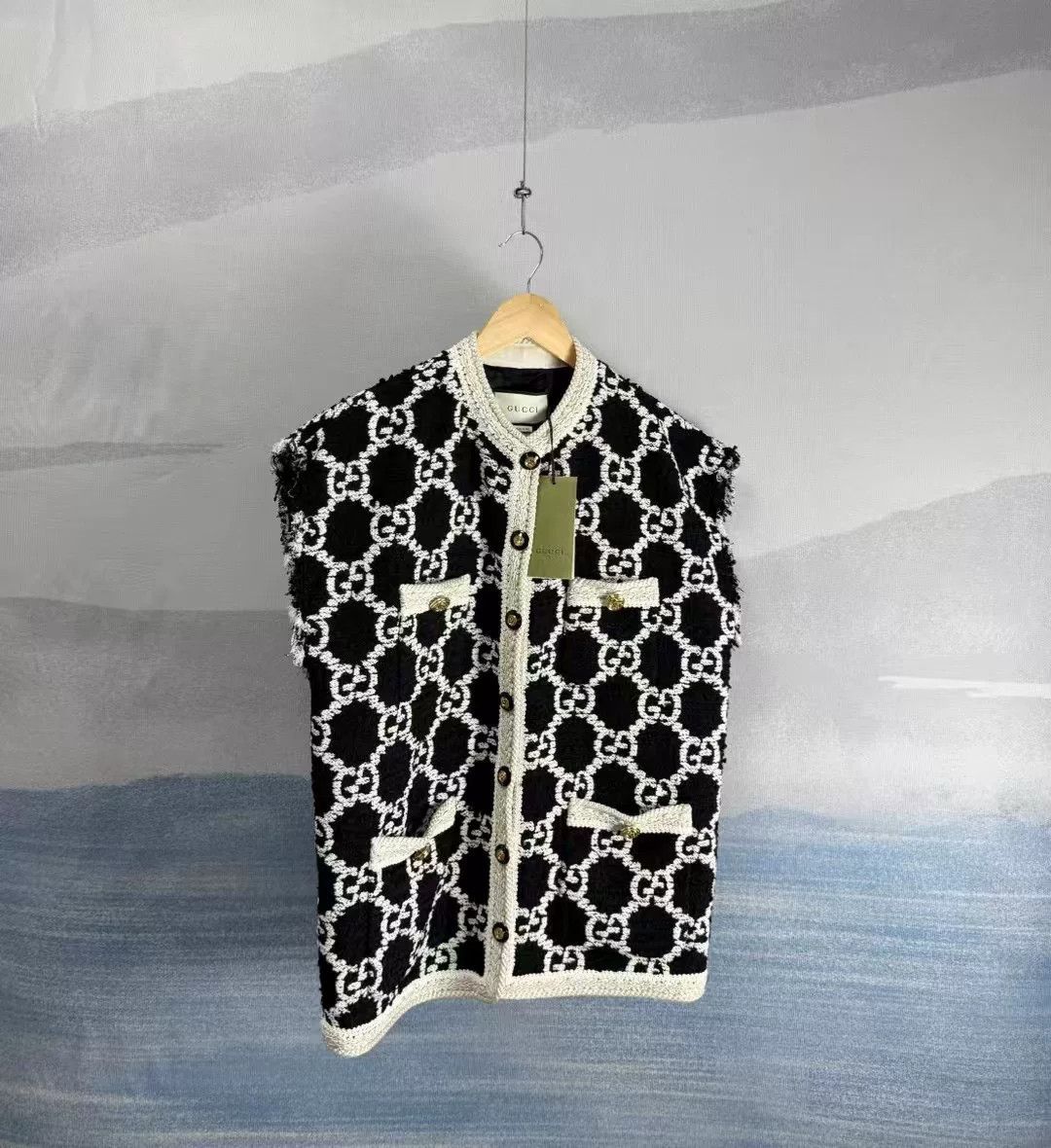 Gucci Black White Tweed All-over Print Vest
