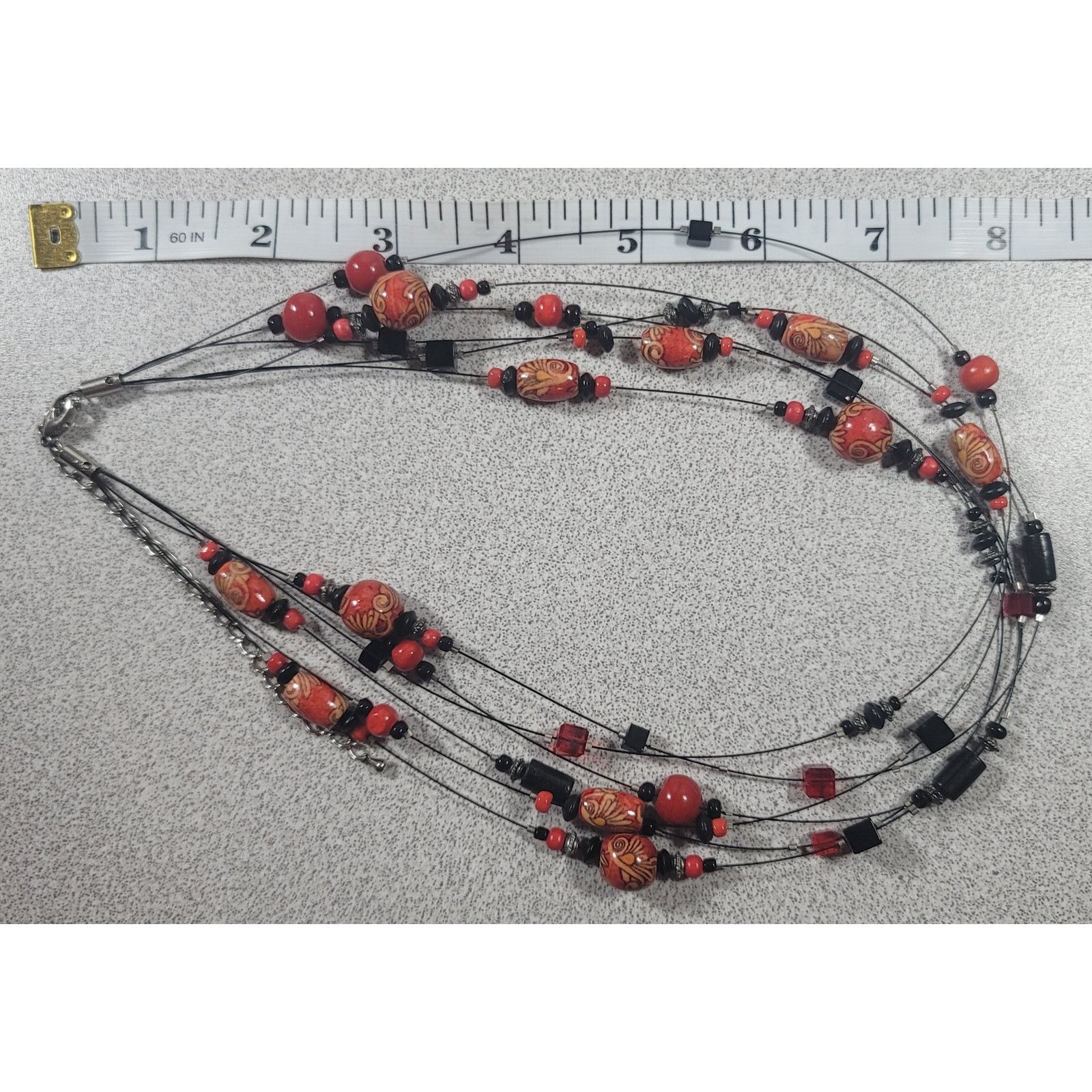 Other Red 6 Strand Wooden Floral Beads Pewter Spacers 8" Necklace Size ONE SIZE - 3 Thumbnail