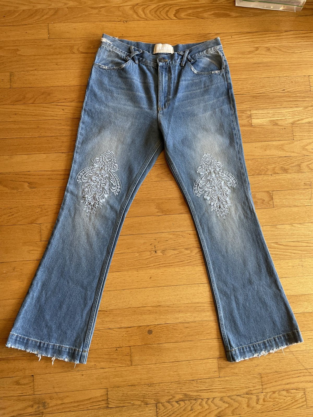 image of Sangiev Embroidered Flared Denim in Blue, Men's (Size 36)