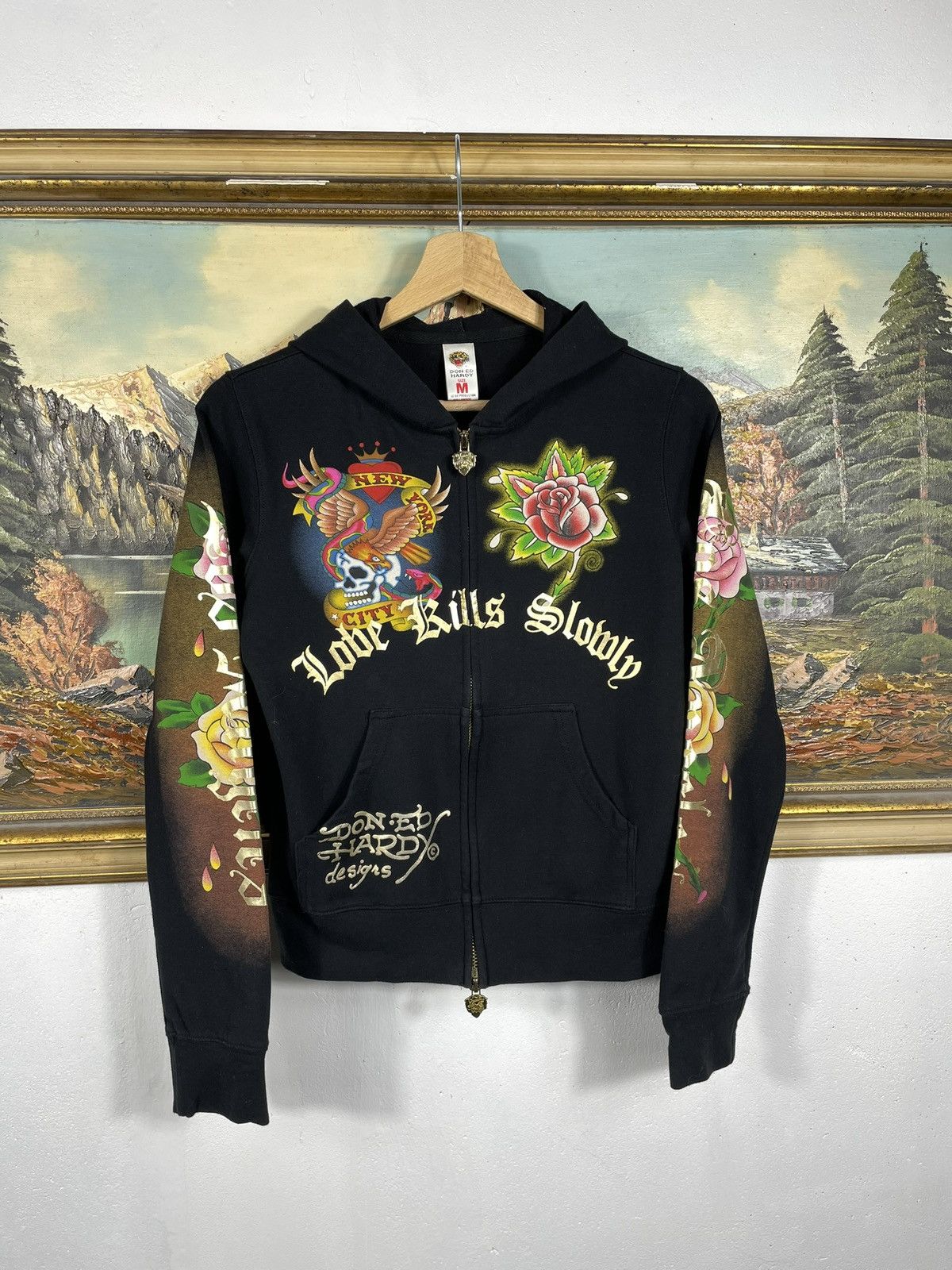 Christian Audigier × Ed Hardy × Vintage Ed Hardy Retro 00s Hoodie With Crystals Affliction Grunge Size US XS / EU 42 / 0 - 1 Thumbnail