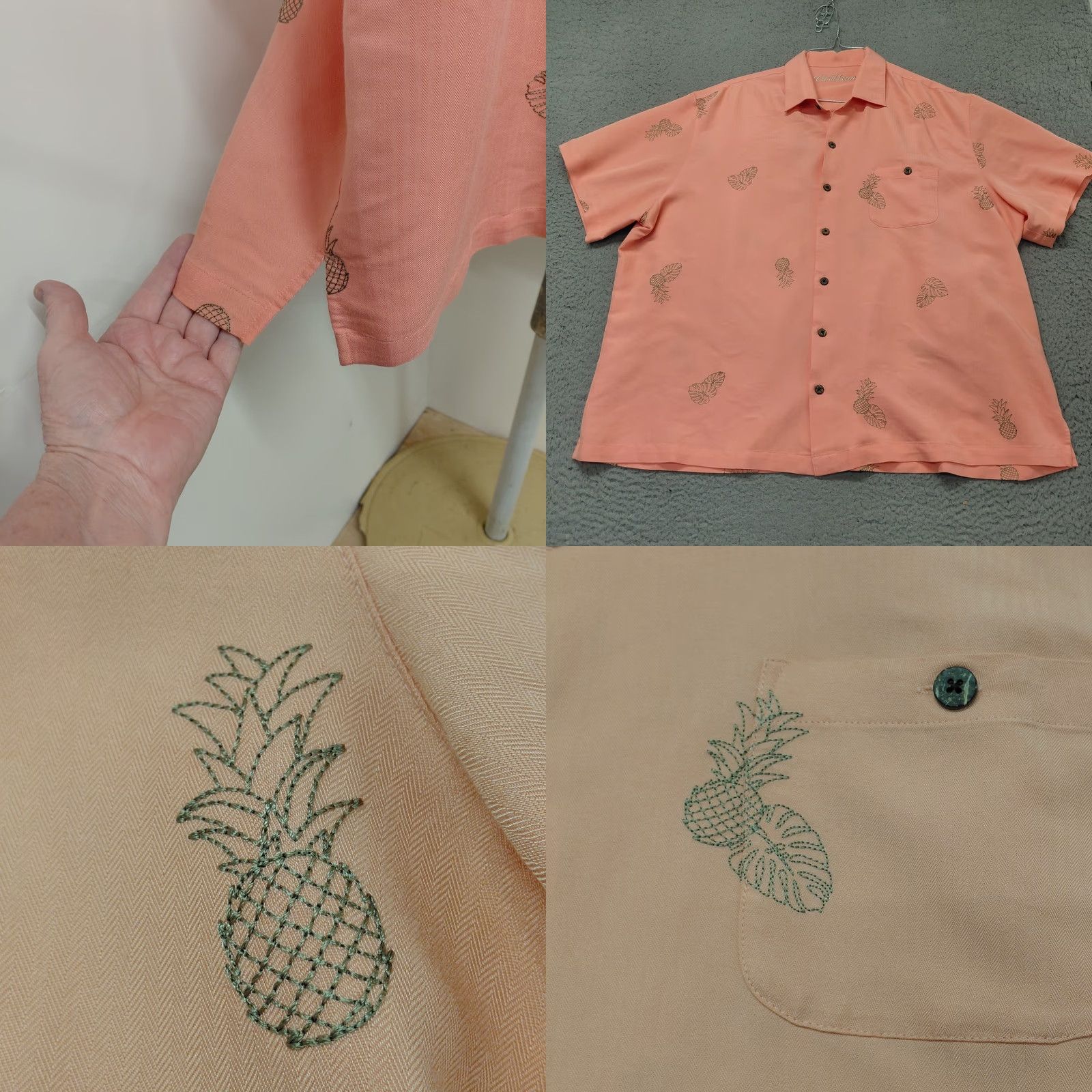 Vintage Caribbean Pineapple Print Shirt Mens 2XL Peach Hawaiian Short Sleeve Button Up Shirt Button-Up Casual Travel Breathable Rayon Polyester Holiday Size US XXL / EU 58 / 5 - 8 Thumbnail