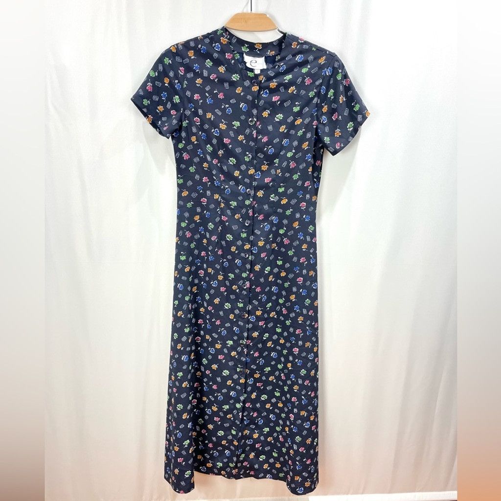 Vintage VTG Eaton Essentials Navy Floral Short Sleeve Crepe Dress 8 Size M / US 6-8 / IT 42-44 - 2 Thumbnail