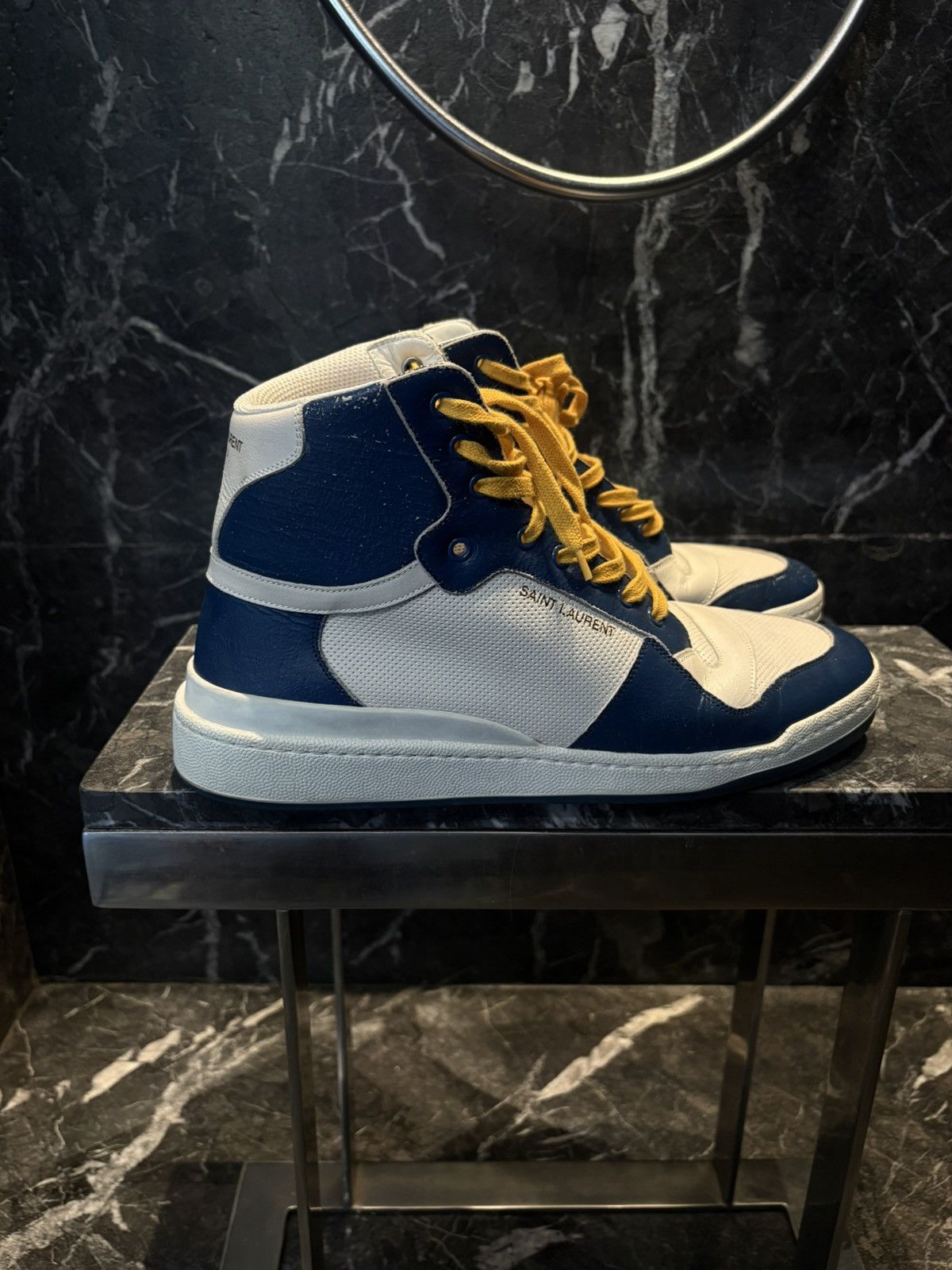 Saint Laurent Paris Saint Laurent Off-White & Blue SL24 High-Top Sneakers Size US 13 / EU 46 - 1 Thumbnail