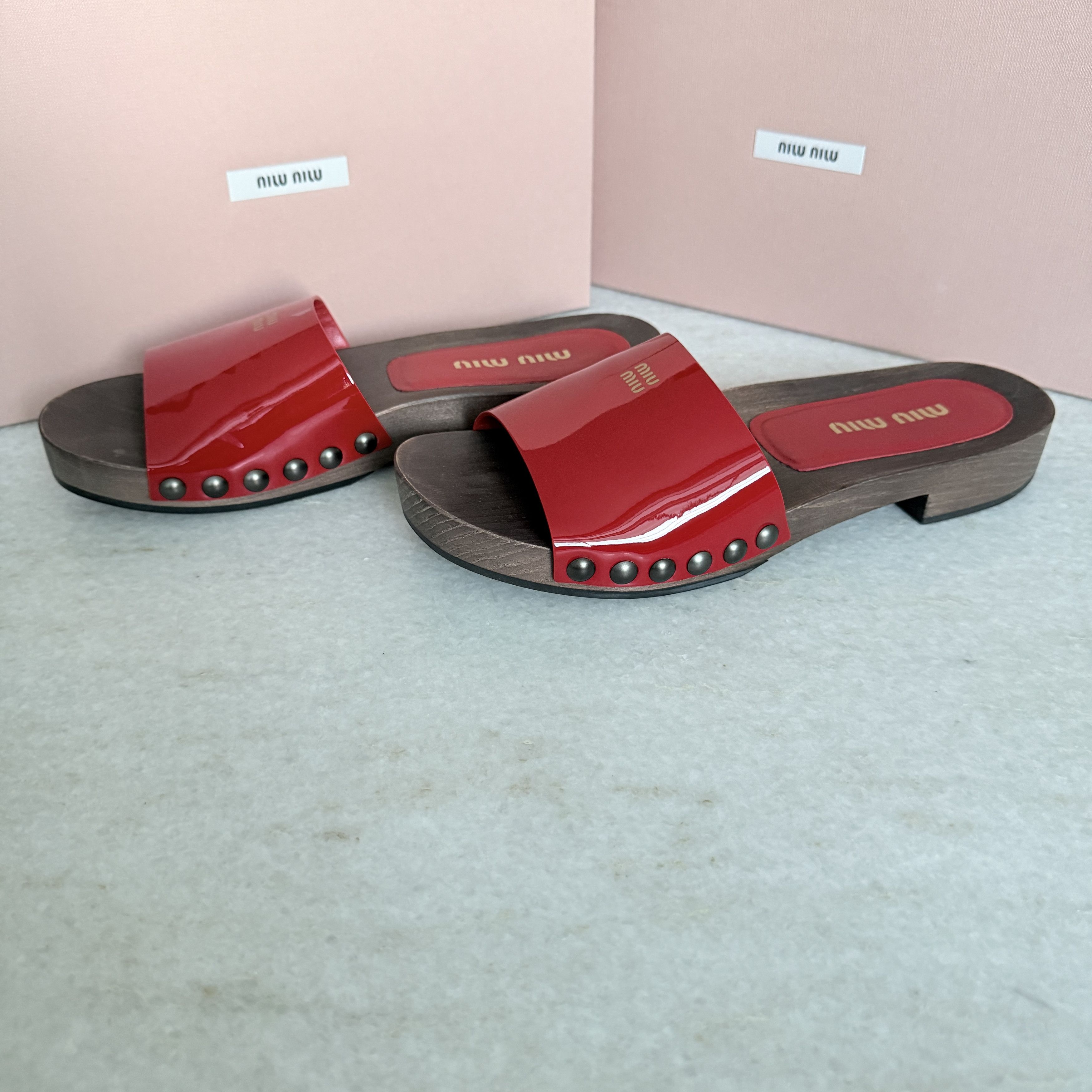 Miu Miu MIU MIU 5Z425E Red Patent Leather Wooden Clogs Sandals Size US 6 / IT 36 - 4 Thumbnail
