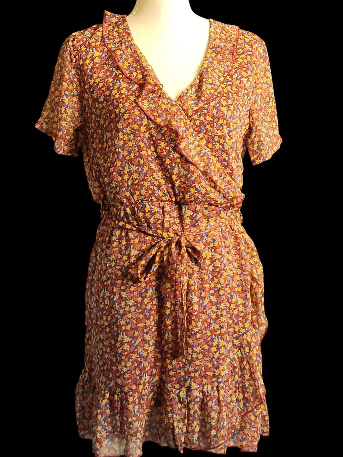 Other Jacqueline de Yong Brown Floral Midi Dress w/Ruffle Detail Size M / US 6-8 / IT 42-44 - 3 Thumbnail