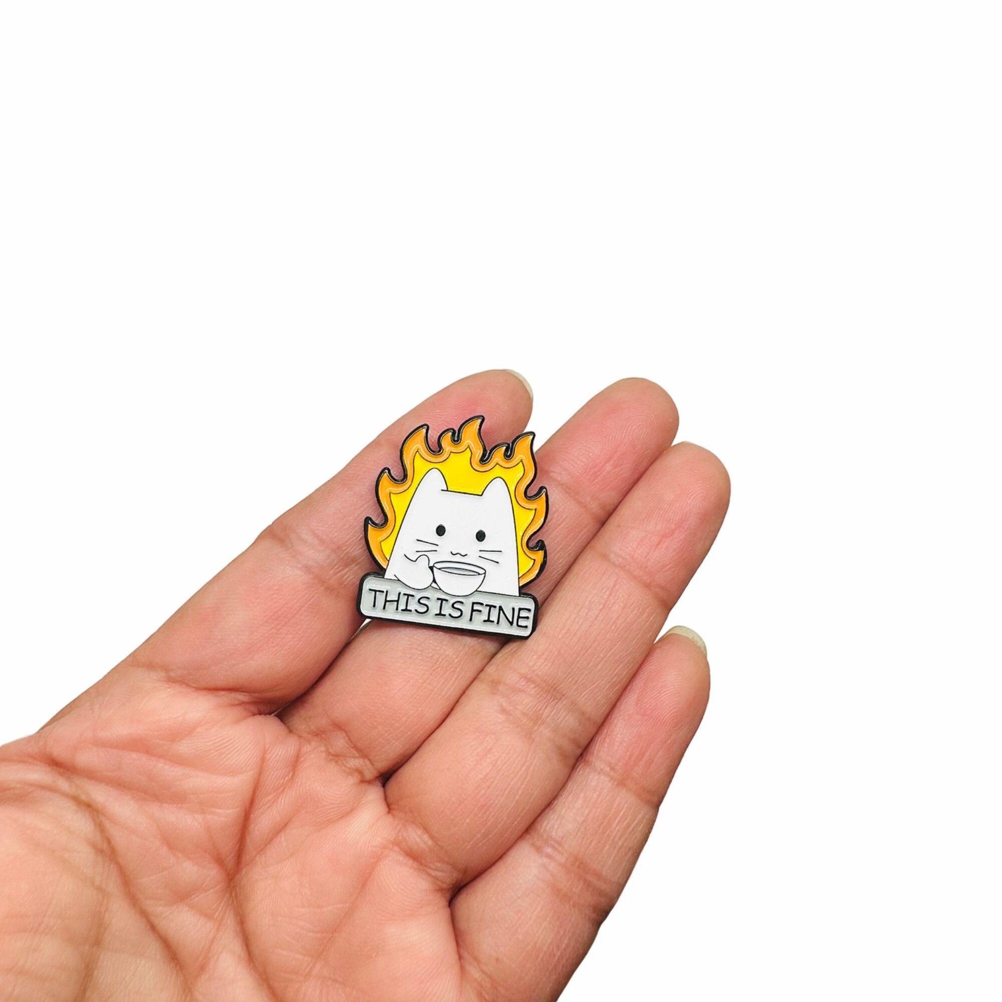 Other 🤩This Is Fine Cat On Fire Sipping Tea Enamel Pin Animal Bro Size ONE SIZE - 2 Thumbnail