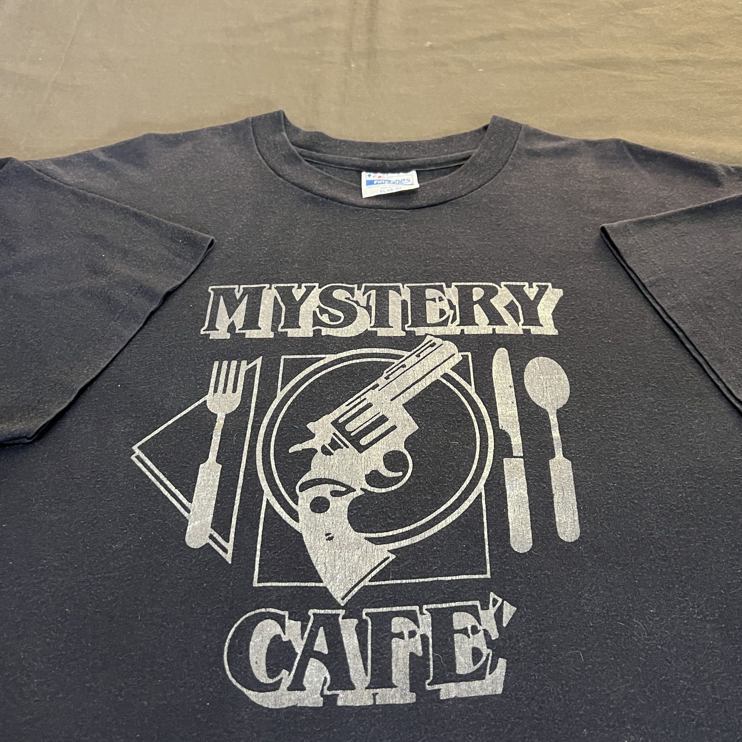 Vintage 90s gun mystery cafe Promo Tee 911 glock Colt Faded