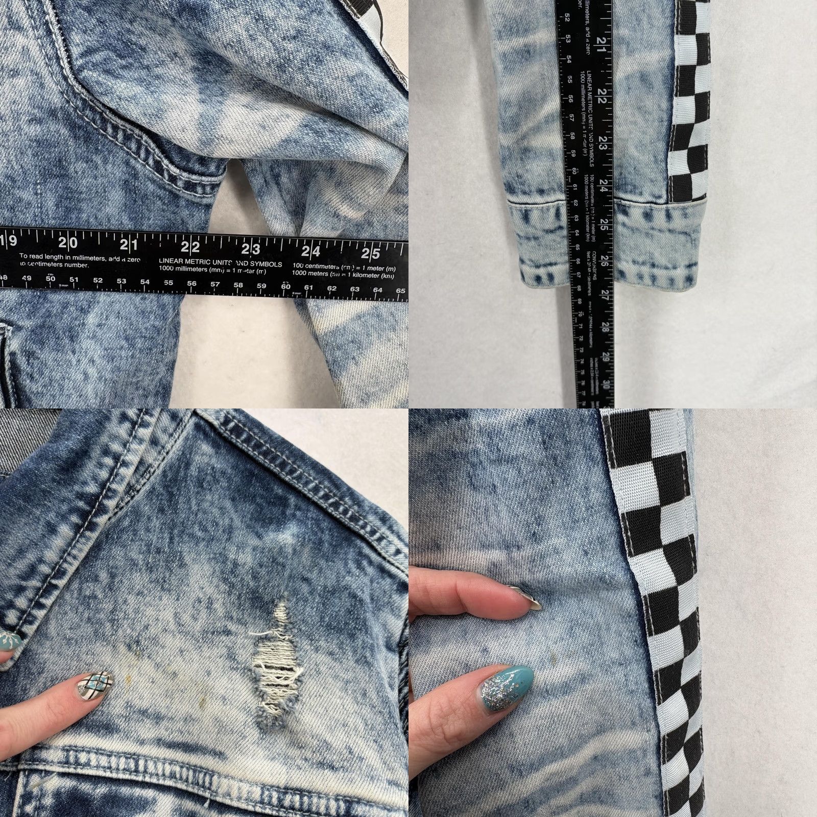 Denime KLOUD9 Denim Jacket Mens L Regular Blue Acid Wash Checkered Sleeve Streetwear Grunge Bomber Casual Fall Spring Jacket Mens Size US L / EU 52-54 / 3 - 8 Thumbnail