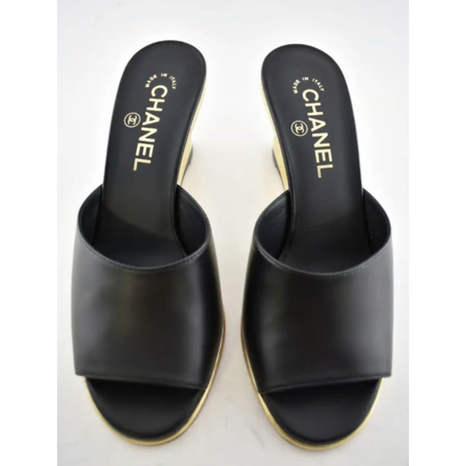 Chanel Chanel 20S Black Lambskin Clear Gold CC Mules Slide Size US 5.5 / IT 35.5 - 5 Thumbnail