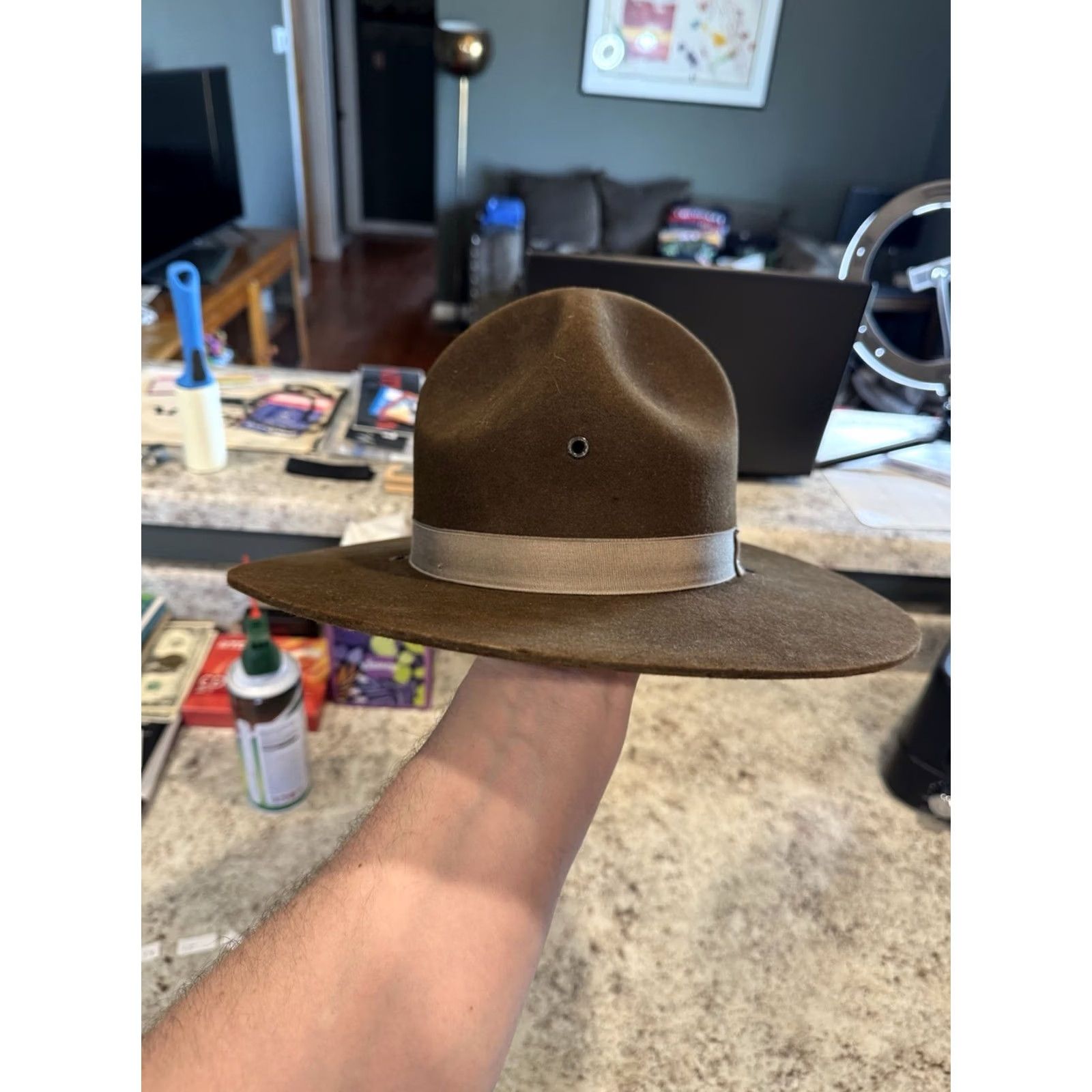 FELT VINTAGE Stratton Self Forming Drill Sergeant Instructor Wool Felt Hat 6 7/8 USA Size ONE SIZE - 3 Thumbnail
