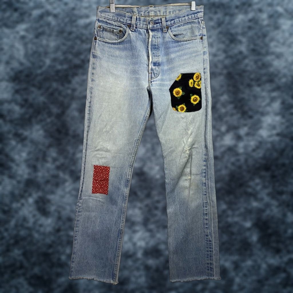 Levi's Levi's Womens 501 Jeans Jeans Boho Patch Upcycled Light Wash 30x30.5 Floral Distressing Buttons Fly Vintage 501 Button Fly Patch Relaxed Jeans 30, XL? Size 40" / US 18 - 1 Thumbnail