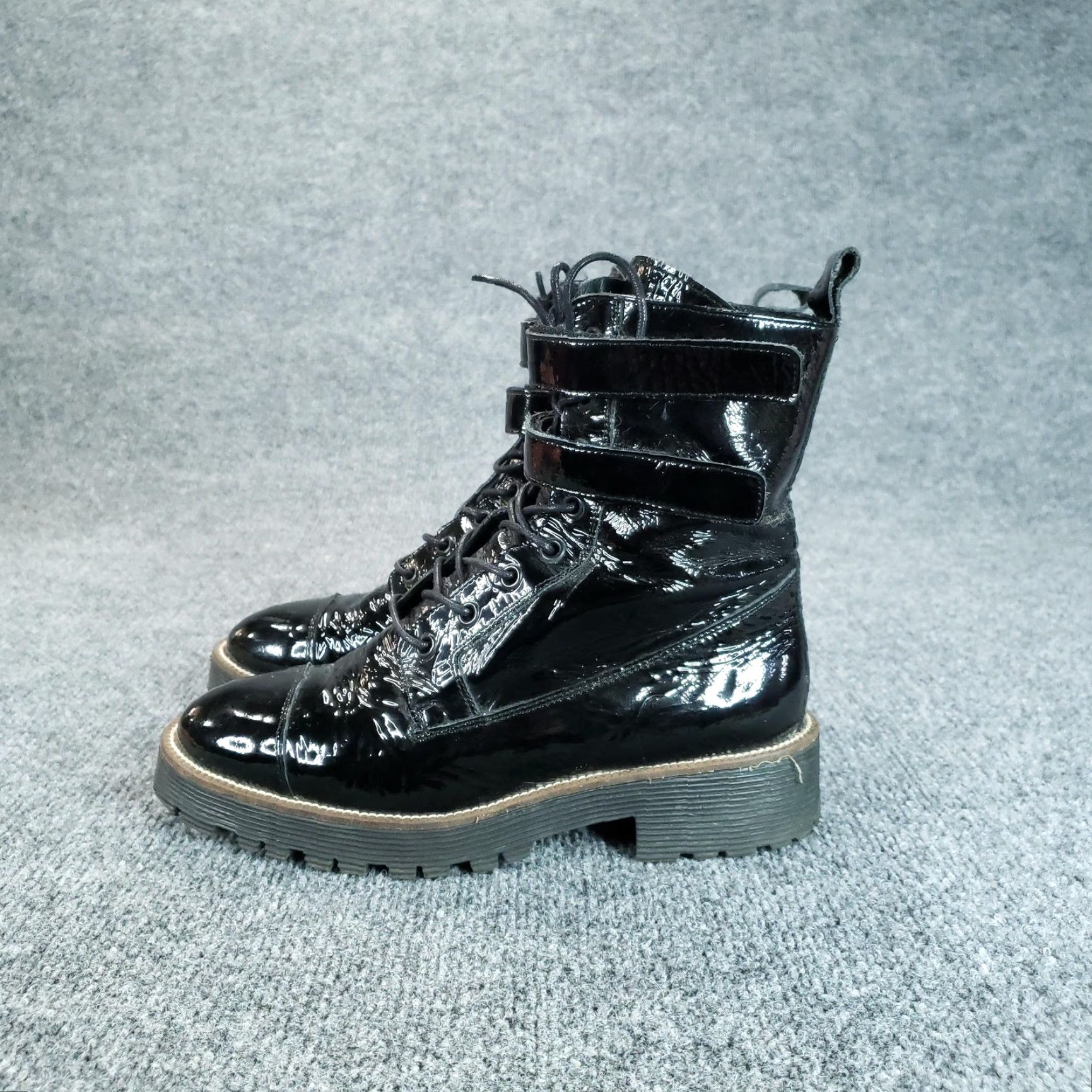 Vintage Shellys London Combat Boots Womens 7.5 Black Patent Leather Lug Sole Mid-Calf Size US 8 / IT 38 - 5 Thumbnail